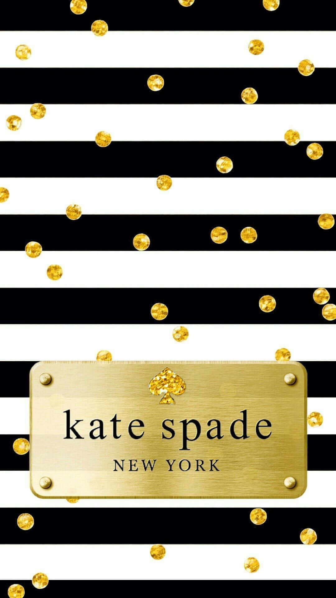 Kate Spade 桌布 壁紙 — 黑白橫條紋飾有散落的金色紙屑和中央一個金色牌匾，上面寫著 kate spade new york。
