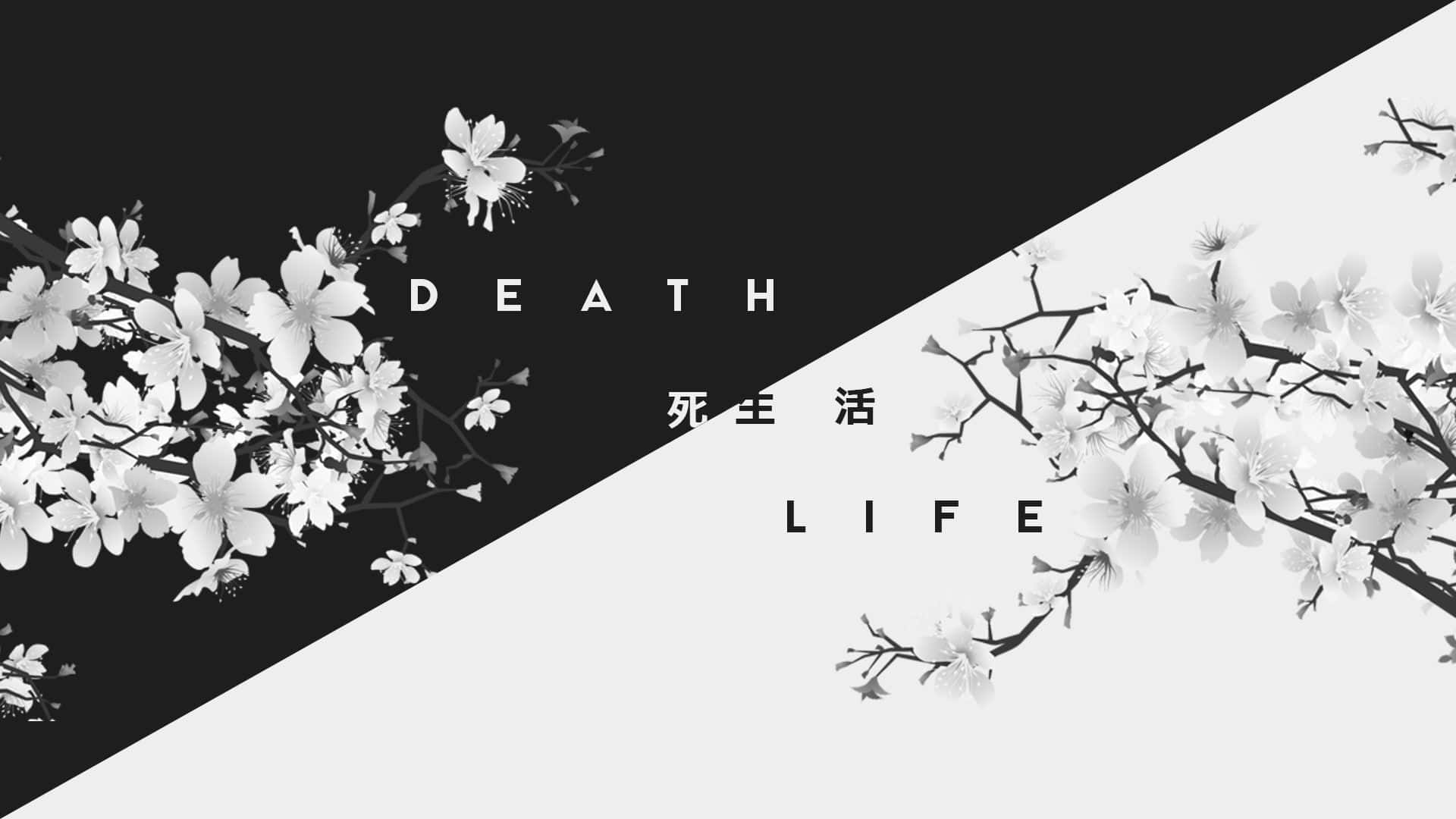 Aesthetic Black And White 桌布 壁紙 — 黑白櫻花枝條在對角分割的背景上框住「死亡」和「生命」字樣。