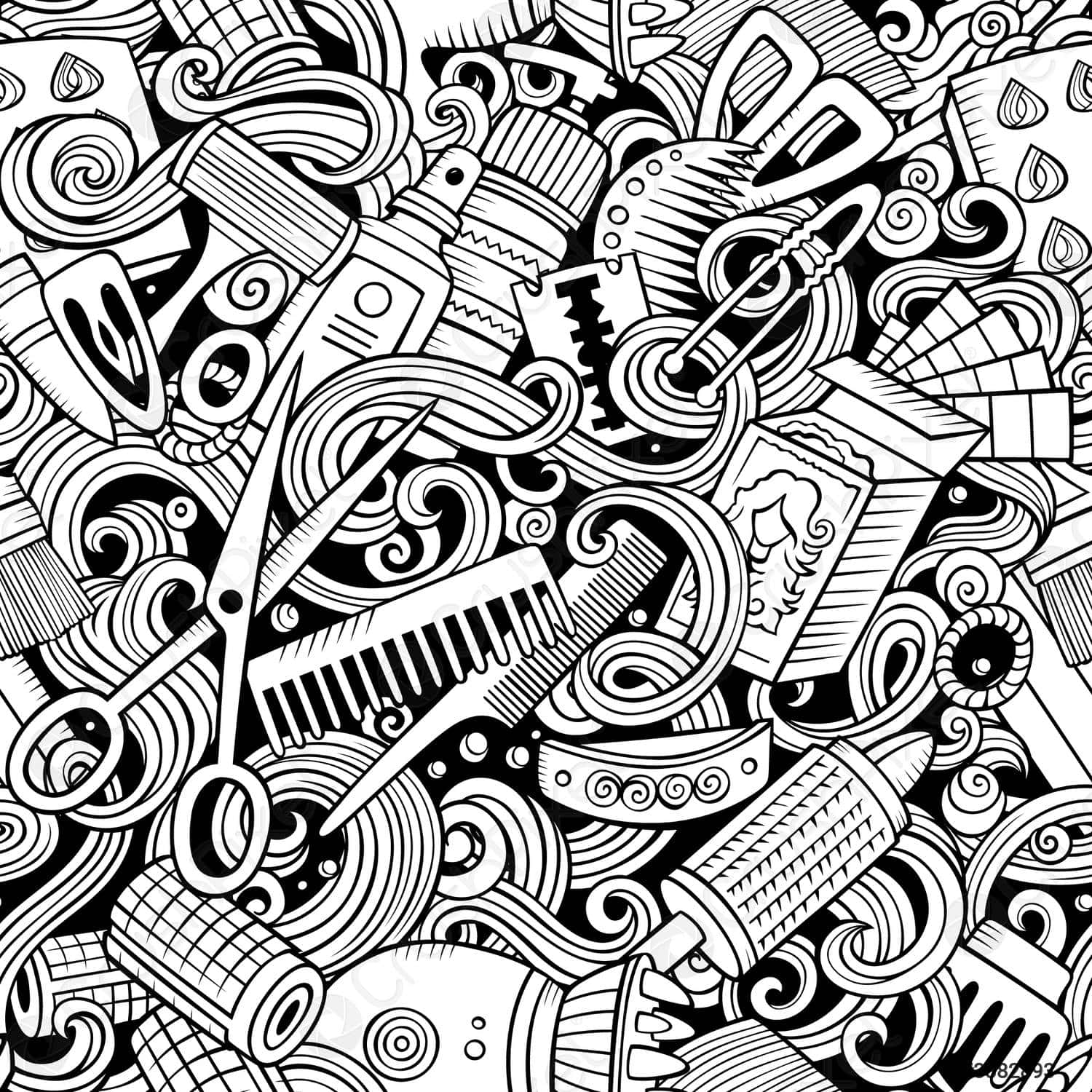 黑白涂鸦风格的美发沙龙插画 壁紙