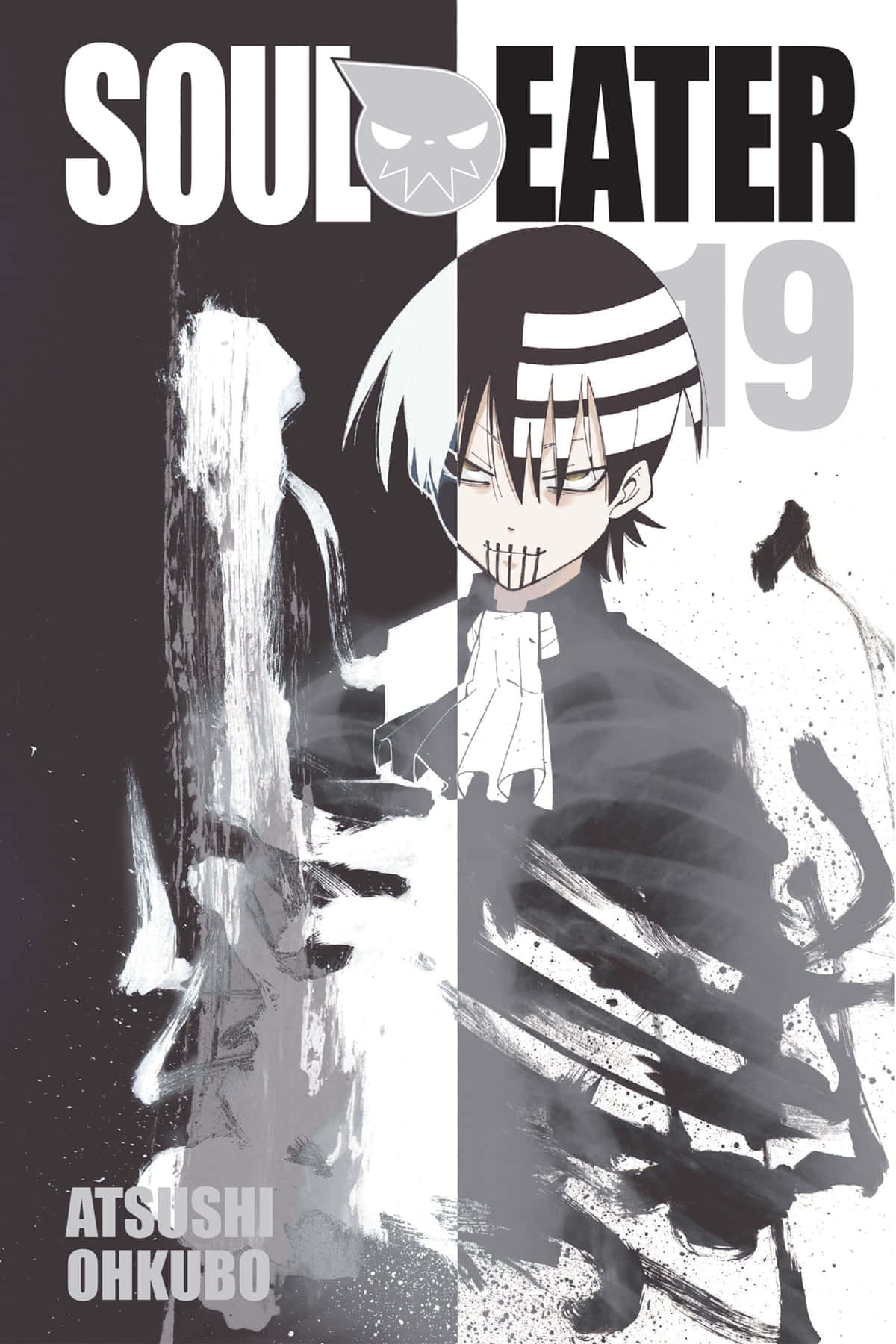 Soul Eater 桌布 壁紙 — 黑白漫畫封面，一個年輕動漫角色戴著條紋頭帶，露出牙齒的笑容，背景明顯分為兩半。