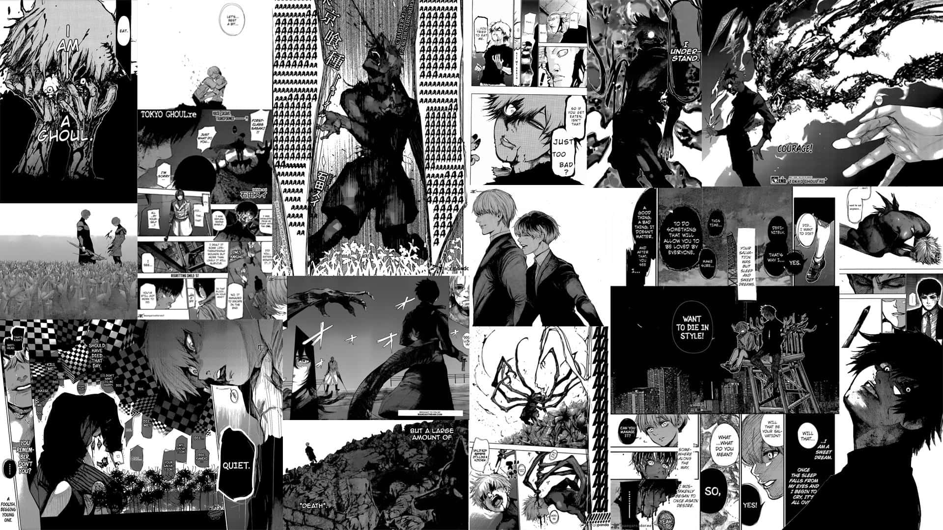 漫畫分鏡 桌布 壁紙 — 黑白漫畫拼貼，包含激烈的動作場景、戲劇性的角色特寫，以及帶有粗體文字的動態面板佈局。
