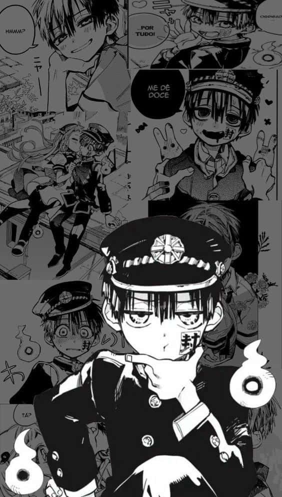 Hanako Kun 桌布 壁紙 — 黑白漫畫拼貼畫，中央角色身穿警察制服，周圍是表情豐富的動畫面板。