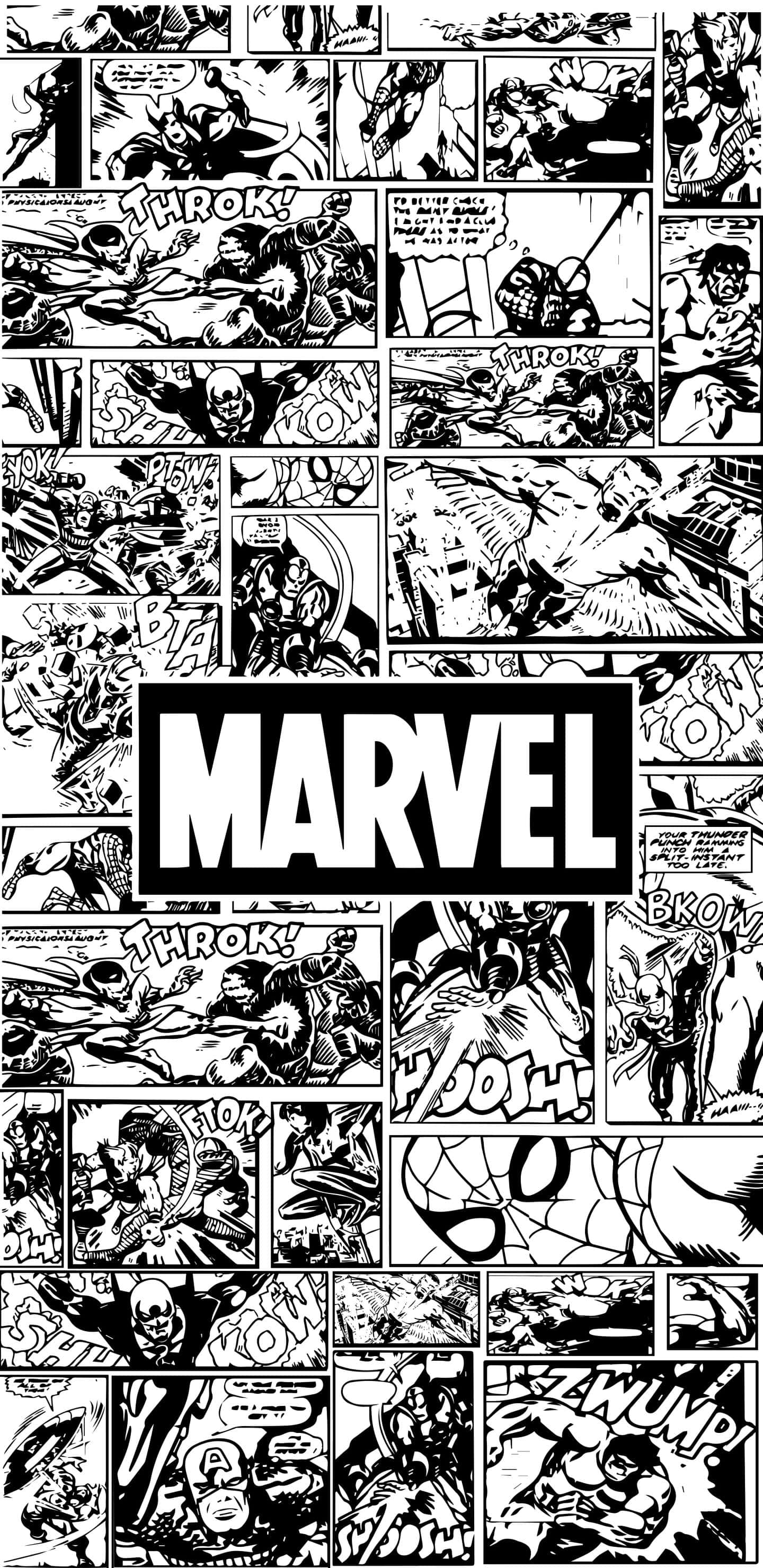 漫威 桌布 壁紙 — 黑白漫畫拼貼畫，展示Marvel超級英雄在動態動作面板中，配有醒目的音效。