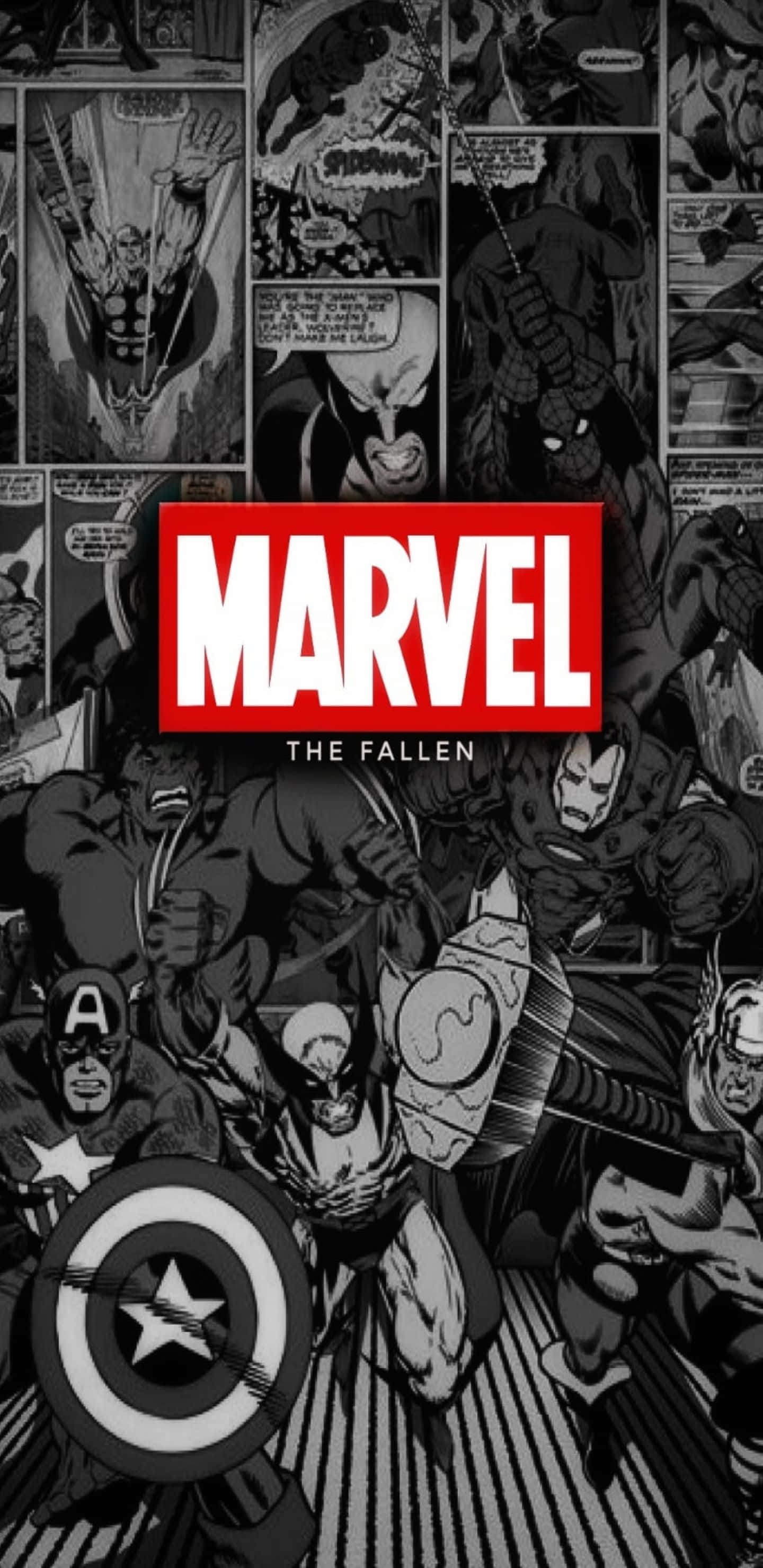 漫威 桌布 壁紙 — 黑白漫畫書面板，展示Marvel超級英雄動態動作姿勢，並帶有醒目的紅色Marvel標誌覆蓋。