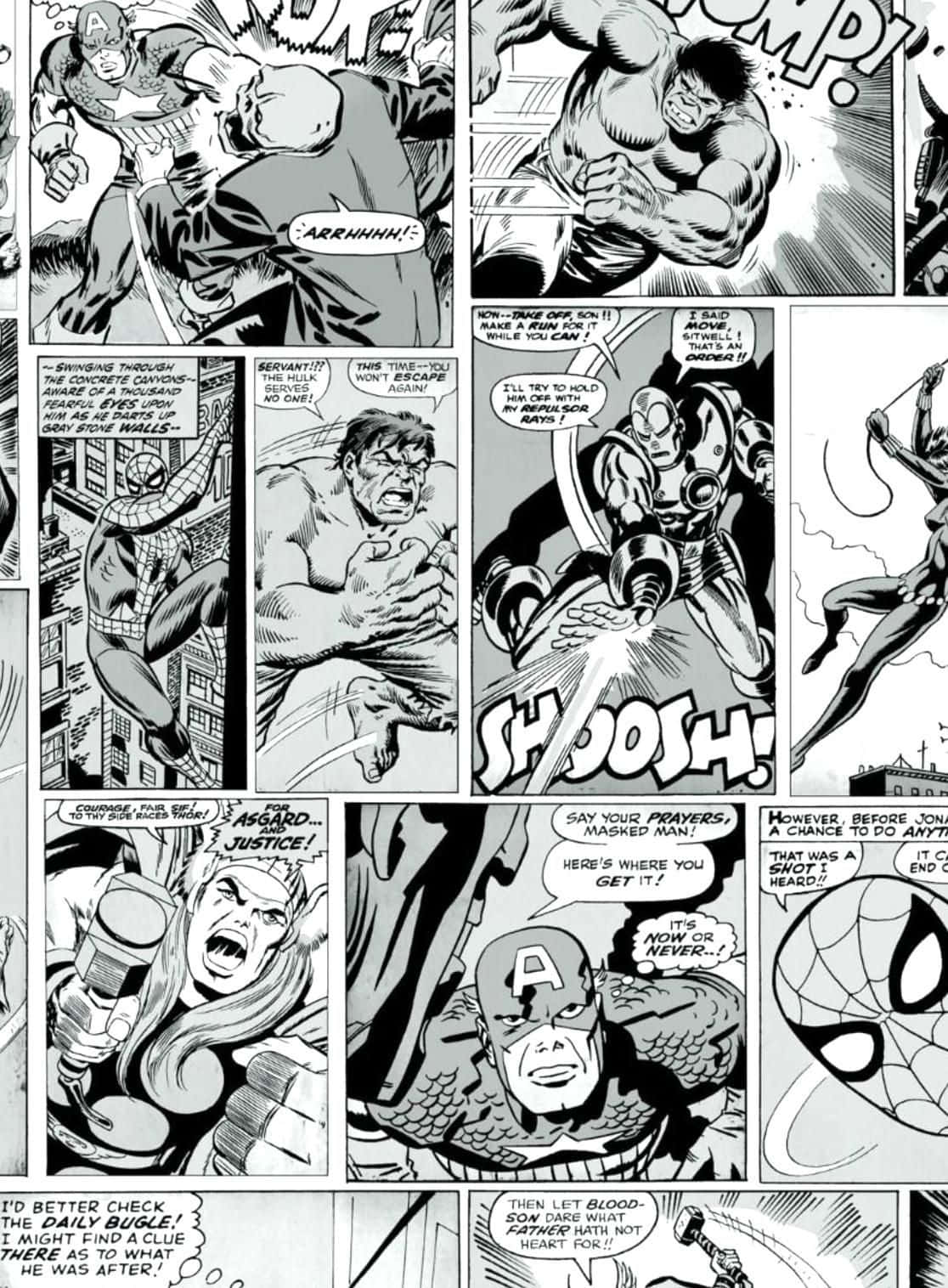 Black And White Comic 桌布 壁紙 — 黑白漫畫書面板描繪了像浩克、索爾和蜘蛛人這樣的超級英雄，在動態的動作場景中帶有強烈的音效和戲劇性的表情。