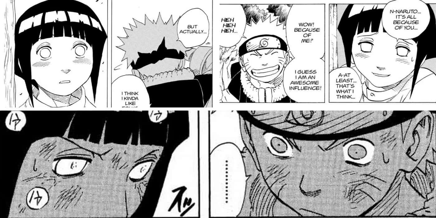 Naruto Manga 桌布 壁紙 — 黑白漫畫格展示鳴人和雛田進行情感對話，表情豐富，帶有對話氣泡。