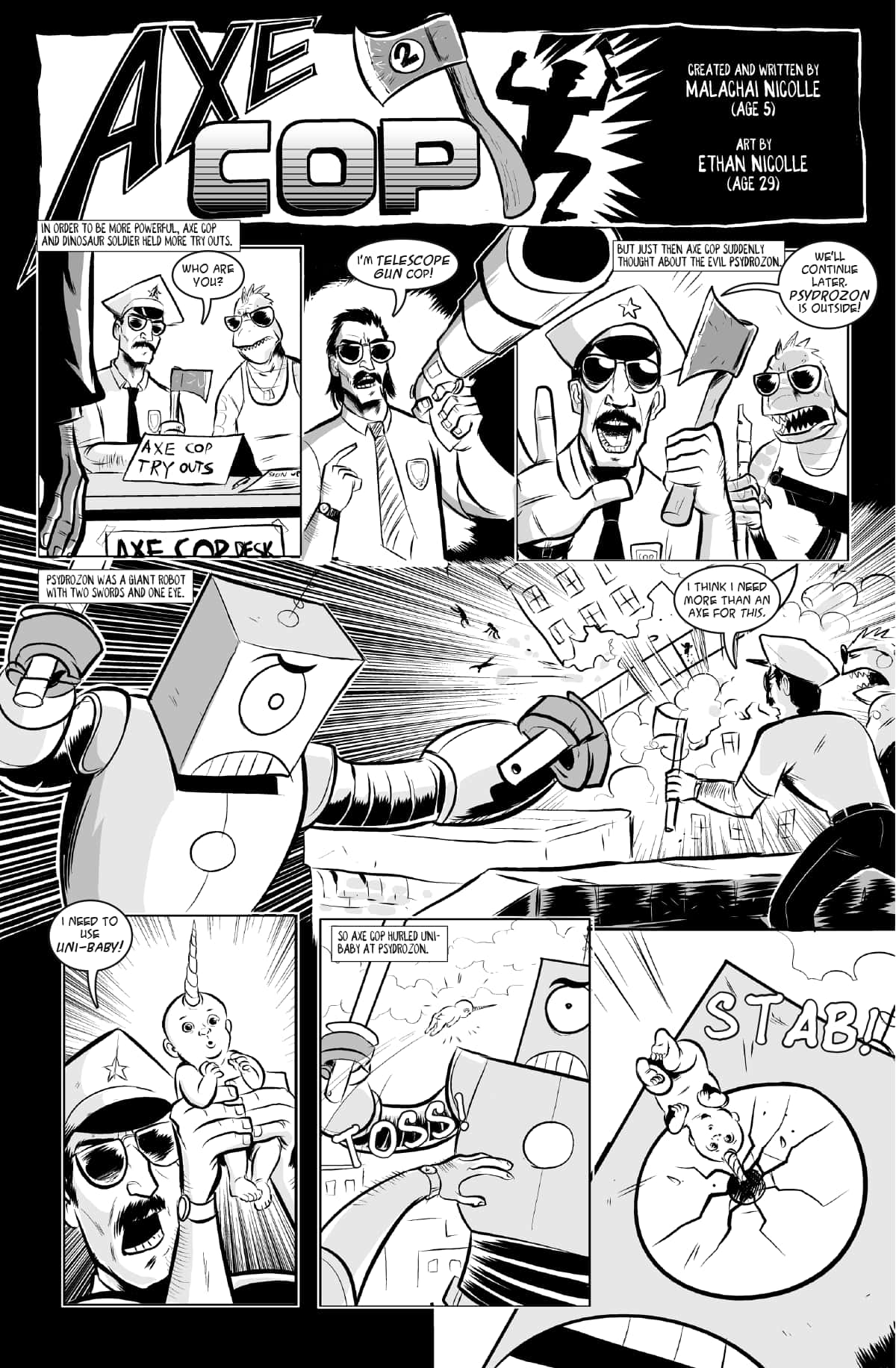 Comics 桌布 壁紙 — 黑白漫畫格描繪了 Axe Cop 與一隻帶有獨角獸角的巨型機器人之間的混亂戰鬥。