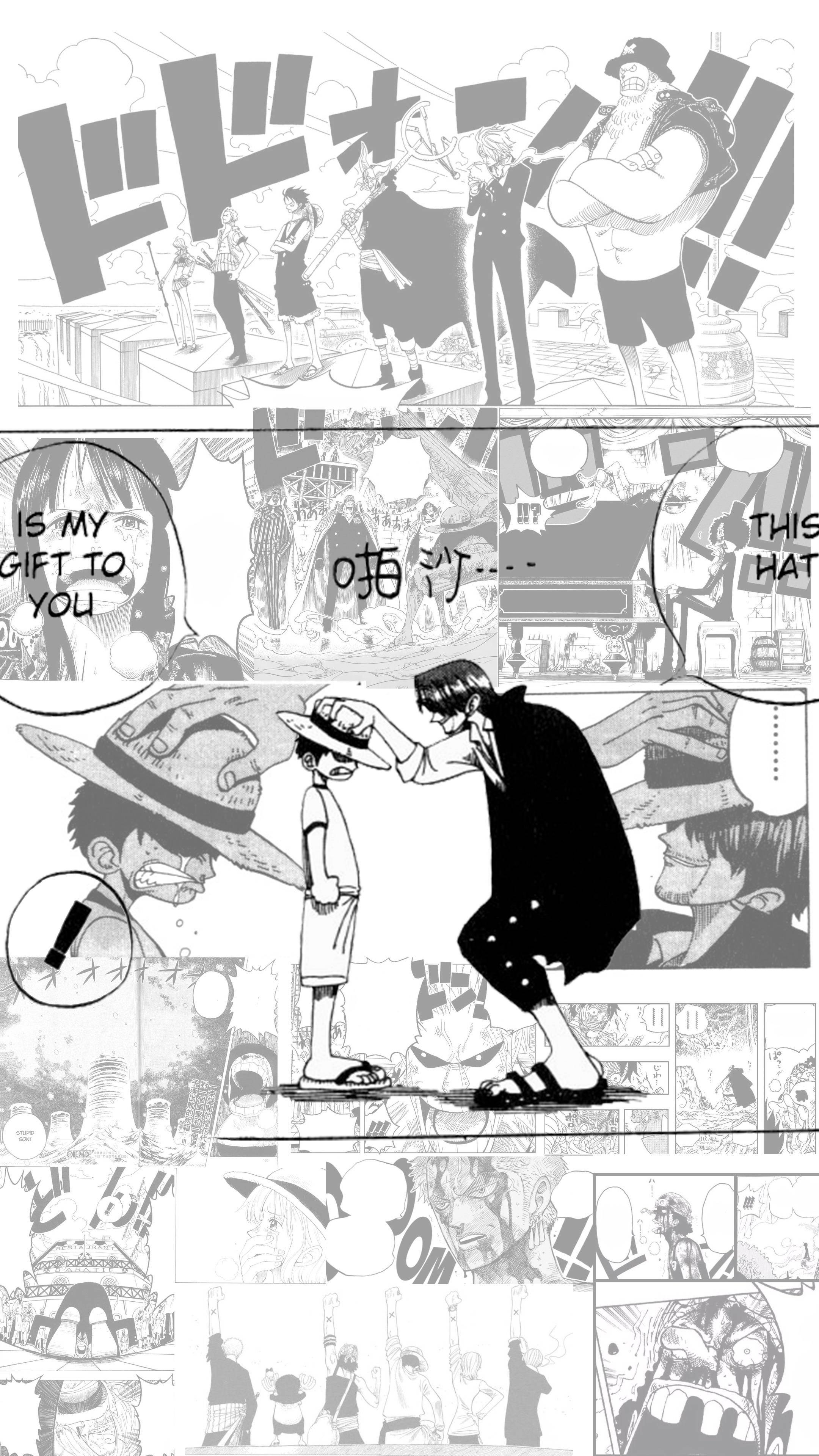 One Piece Phone 桌布 壁紙 — 黑白漫畫格描繪了一個戲劇性的場景，一個高大的男人在歡呼的人群和粗體的擬聲詞中送給一個小男孩一頂帽子。