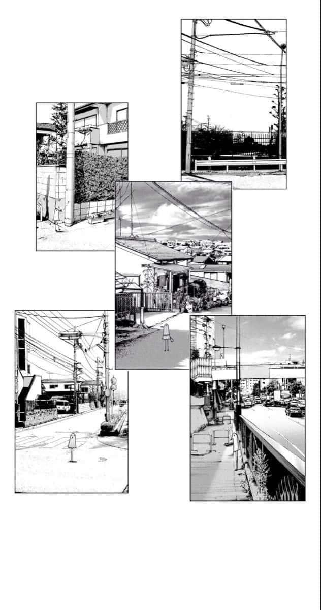 桌布 壁紙 — 黑白漫畫格描繪了寧靜的城市街道，有電線、房屋和遠山，天空多雲。