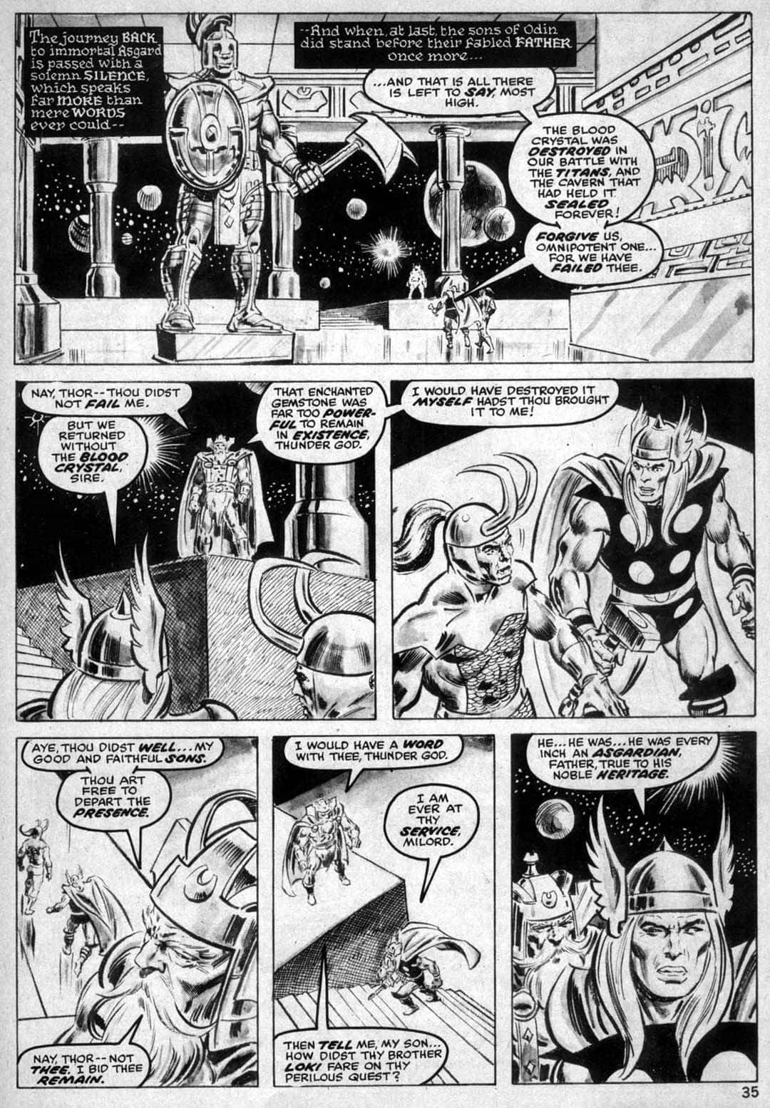 Black And White Comic 桌布 壁紙 — 黑白漫畫面板，描繪索爾和其他北歐神話中的神祇在戲劇性的太空場景中，帶有對話氣泡。