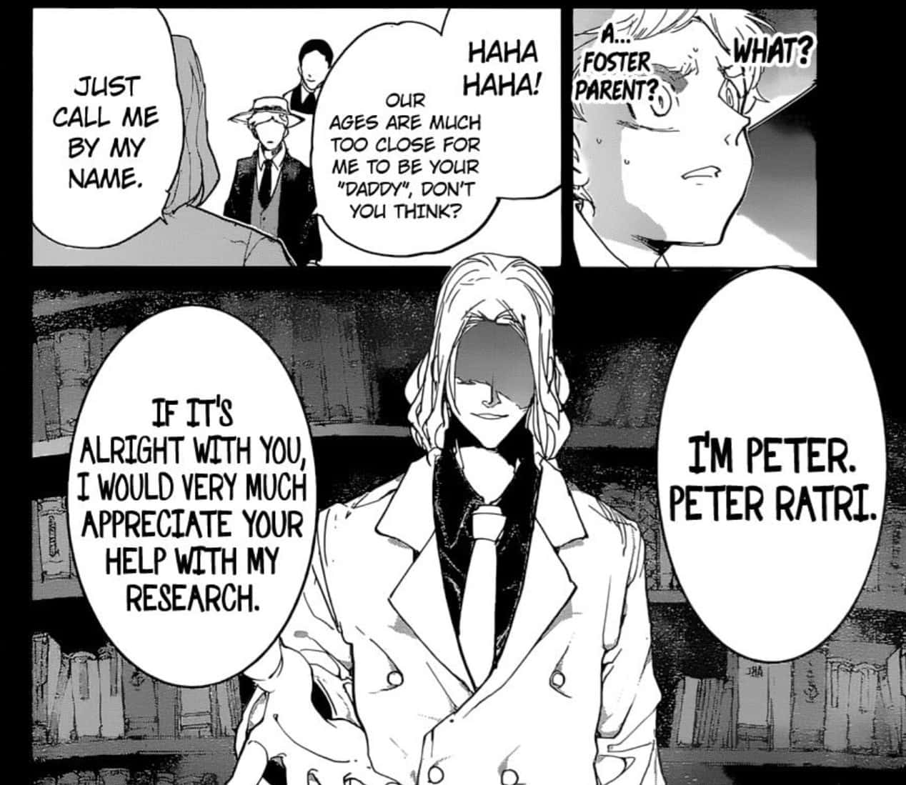 The Promised Neverland Peter Ratri 桌布 壁紙 — 黑白漫畫面板，顯示一名穿著外套的男子自我介紹為彼得·拉特里，而另一角色對他聲稱是養父母的反應感到震驚。