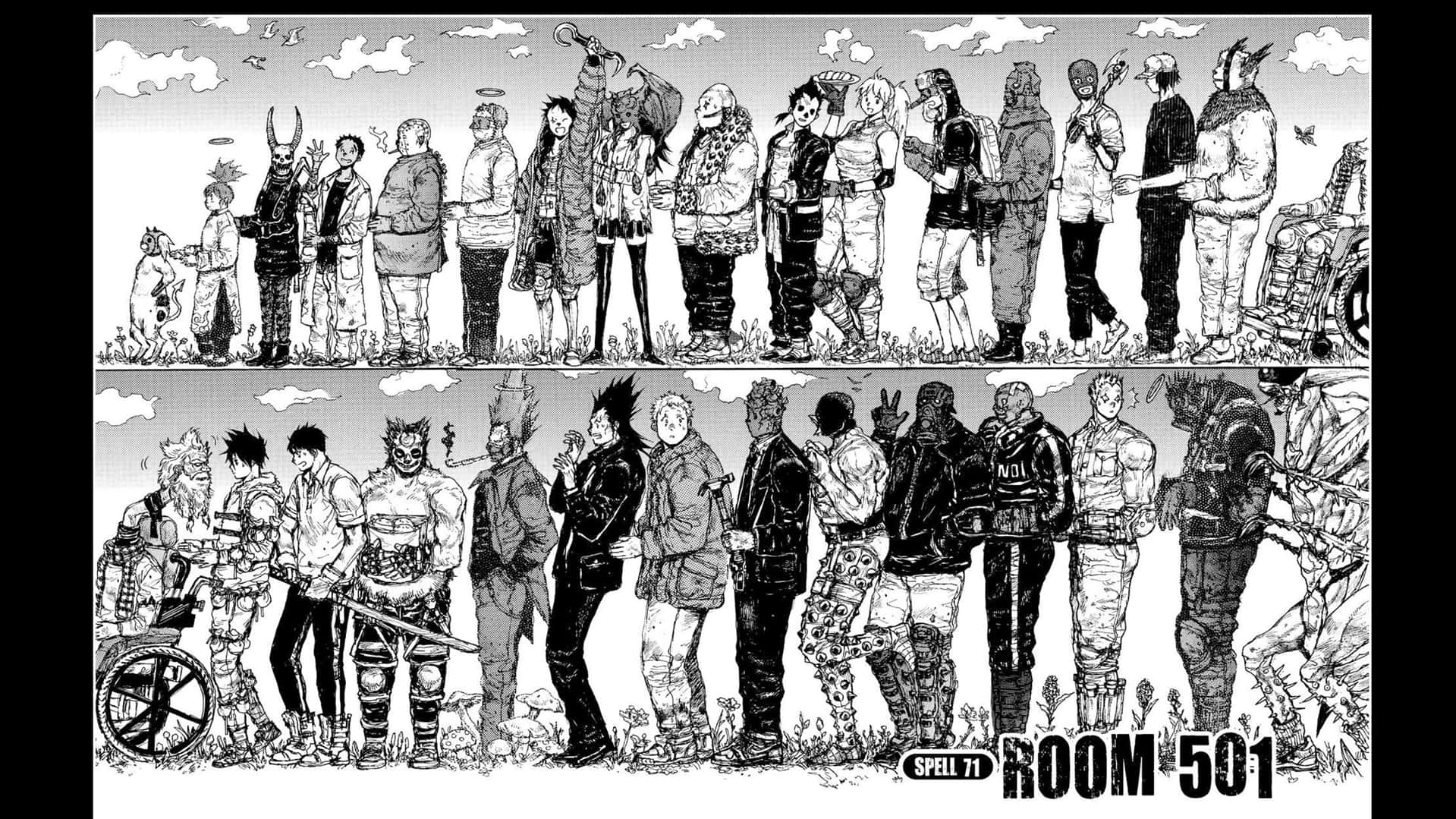 dorohedoro 桌布 壁紙 — 黑白漫畫面板，顯示兩排不同角色在戶外陰天站立。