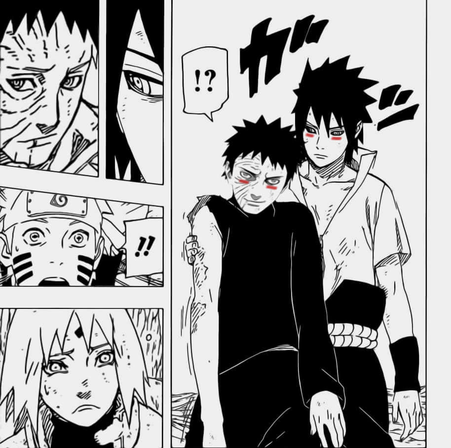 Naruto Manga 桌布 壁紙 — 黑白漫畫面板，顯示震驚的角色，帶有戲劇性的表情和音效。