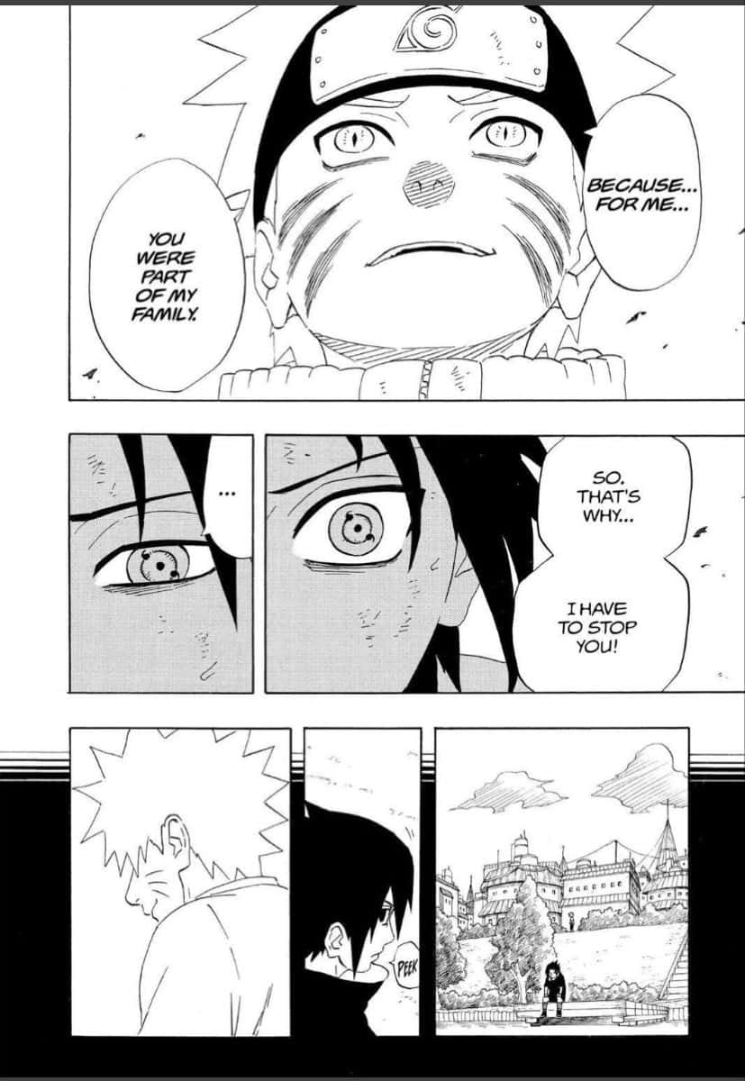 Naruto Manga 桌布 壁紙 — 黑白漫畫面板展示帶有對話氣泡和遠處城堡場景的情感角色。
