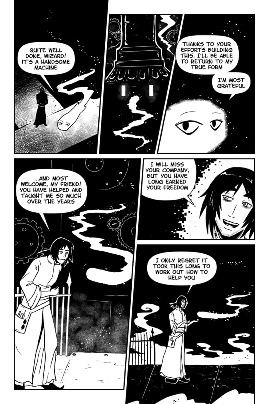 Black And White Comic 桌布 壁紙 — 黑白漫畫面板描繪了一位巫師和一個魔法實體在一個充滿齒輪的神秘環境中交換真摯的告別。