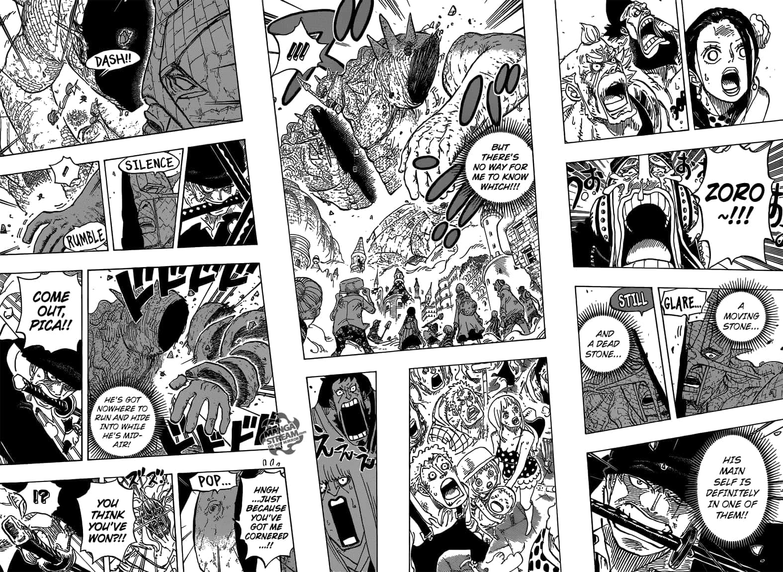 One Piece Manga 桌布 壁紙 — 黑白漫畫面板描繪了激烈的動作場景，角色在呼喊，並有動態的動作線條。
