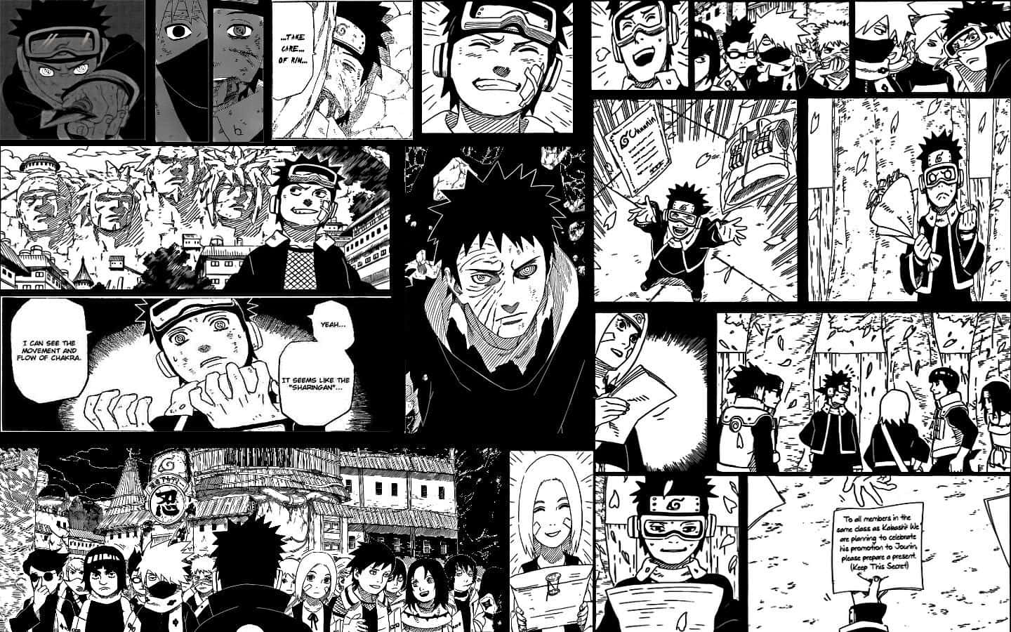 Manga Pages 桌布 壁紙 — 黑白漫畫面板描繪了鳴人和隊友在動態動作場景中，帶有表情豐富的臉和對話氣泡。