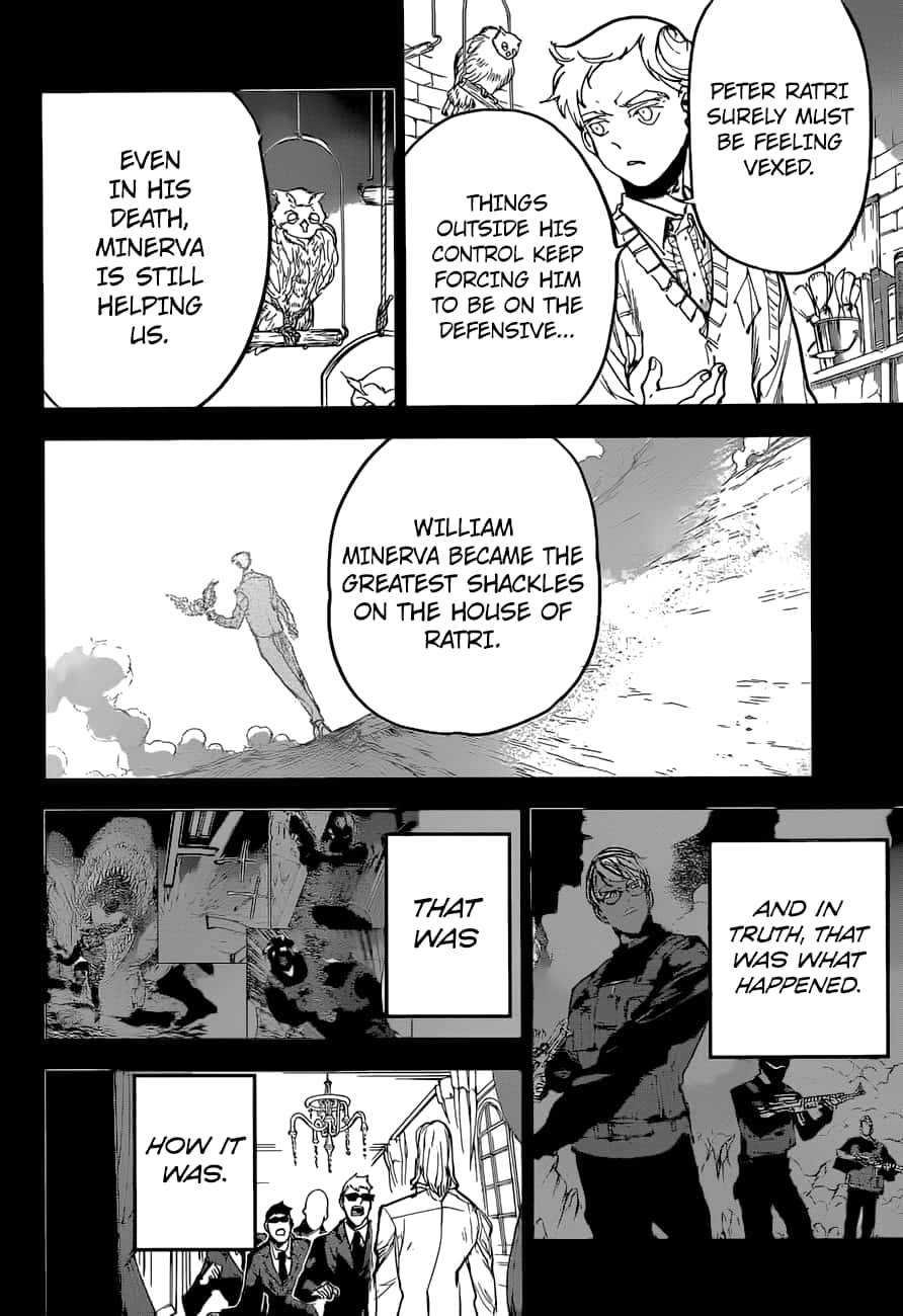 The Promised Neverland Peter Ratri 桌布 壁紙 — 黑白漫畫面板描繪角色在戲劇性場景中，對話關於米涅瓦的影響力和拉特里家族。