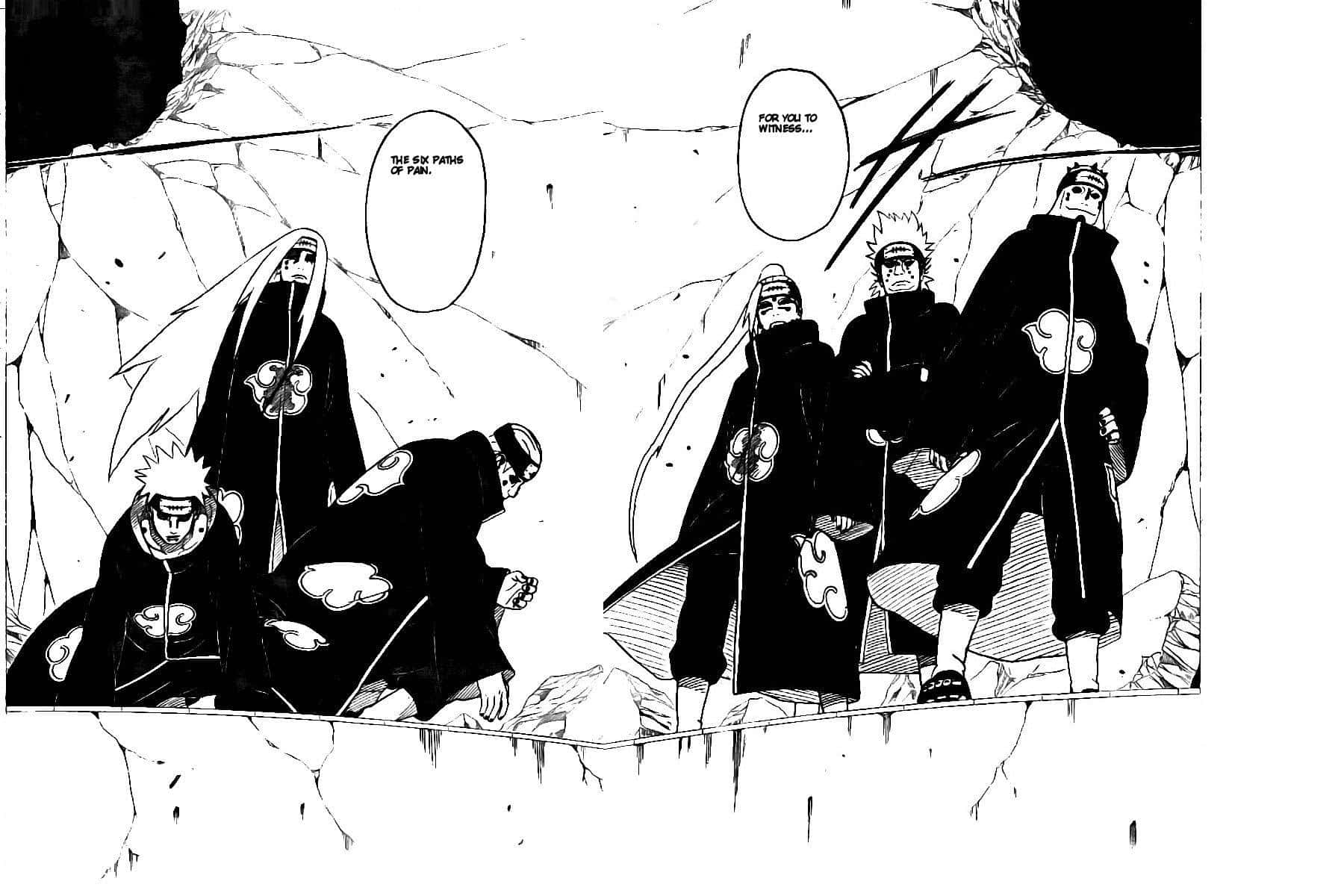 Naruto Manga 桌布 壁紙 — 黑白漫畫面板顯示戴著面具的人物穿著曉組織斗篷站在岩石地形上，並帶有對話氣泡。