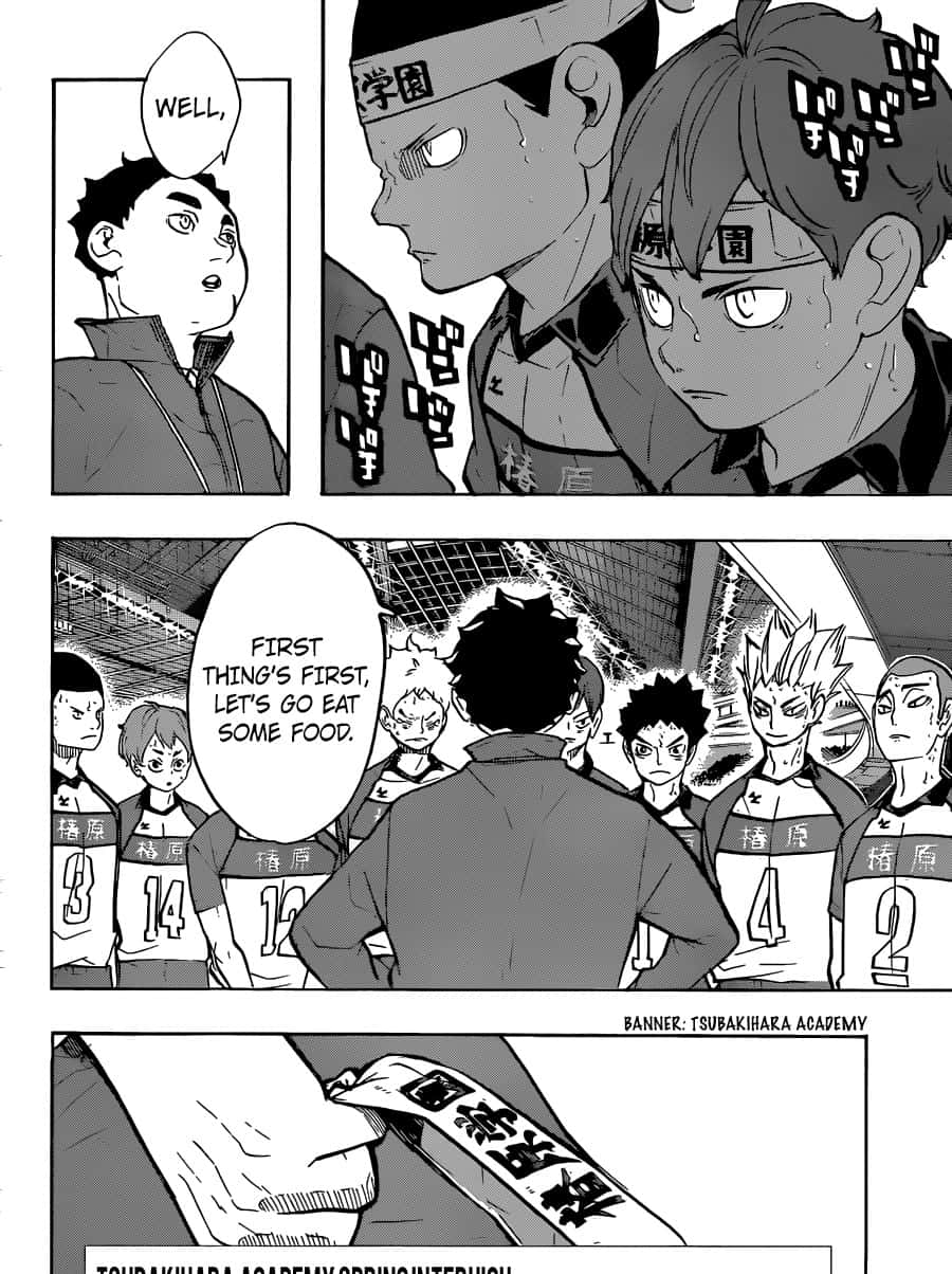 Tsubakihara 桌布 壁紙 — 黑白漫畫面板顯示穿著制服的排球運動員，帶有日文字幕，回應教練的進食命令。
