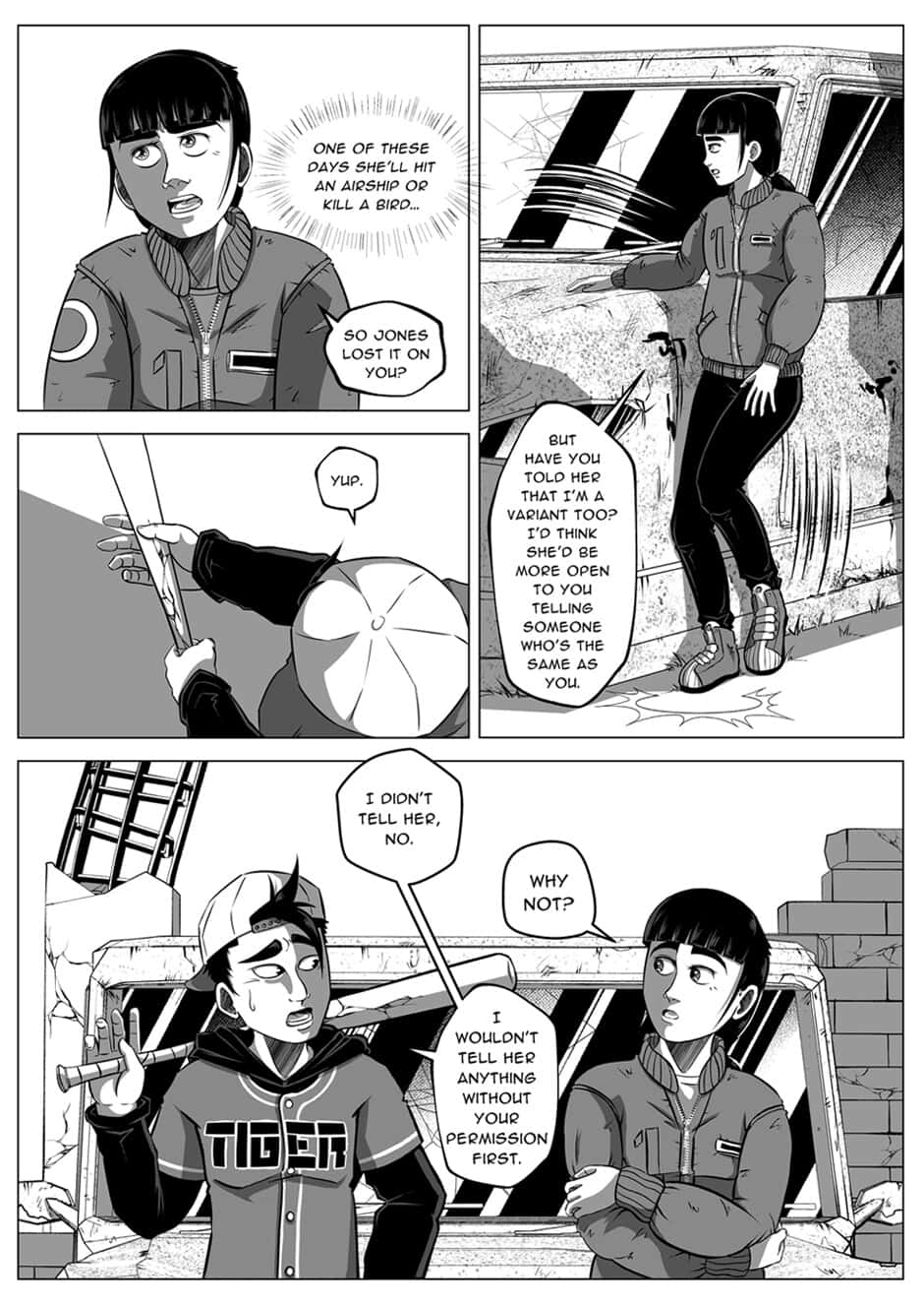 Tsubakihara 桌布 壁紙 — 黑白漫畫面板顯示角色在受損車輛中進行關於變體和秘密的緊張對話。