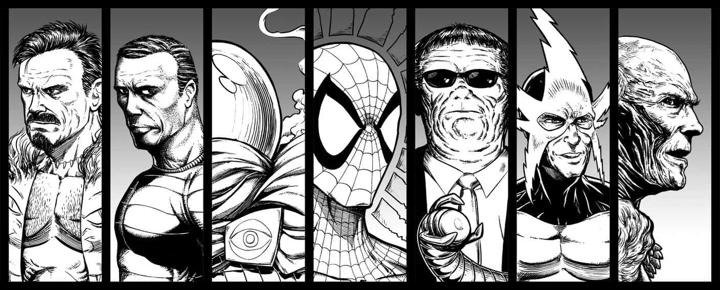 Sinister Six 桌布 壁紙 — 黑白漫畫風格插圖，展示六個不同的超級英雄和反派角色，排列在垂直面板中。