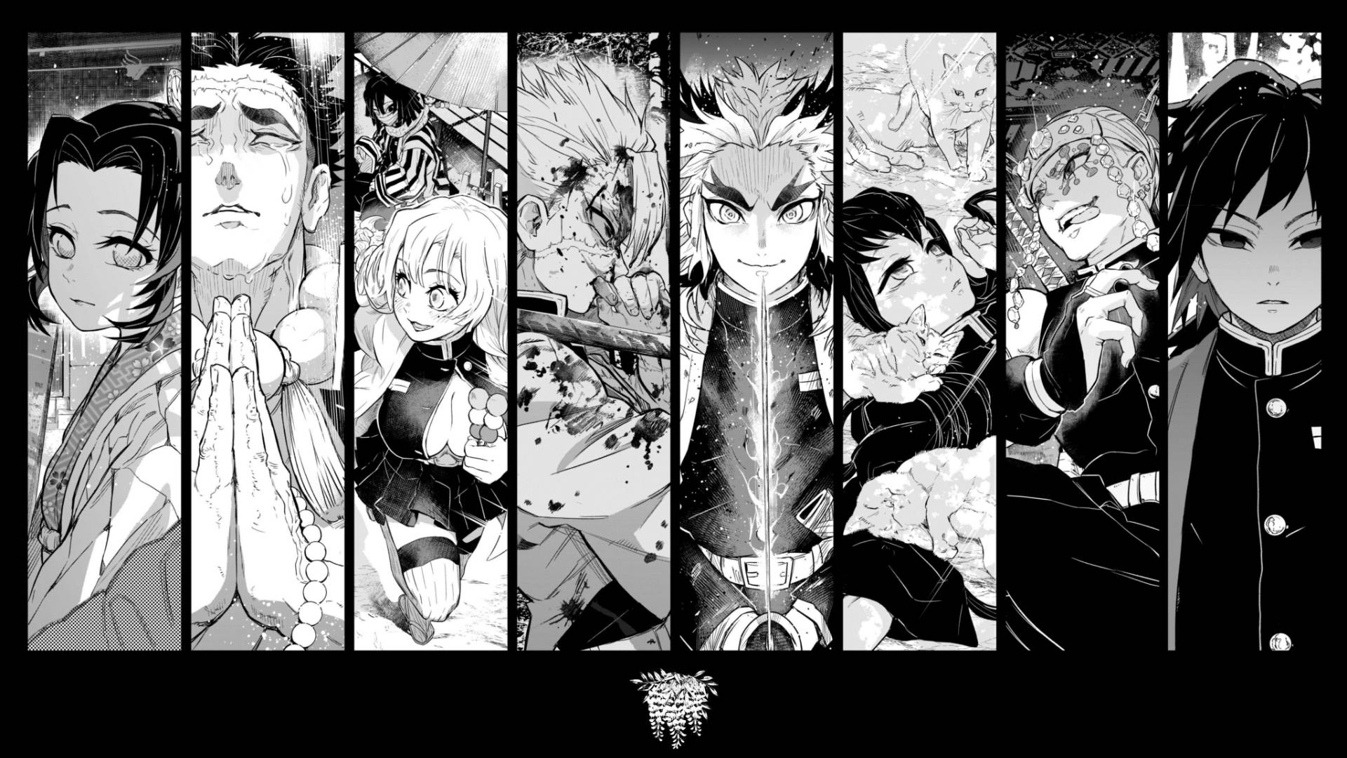 Demon Slayer Black And White 桌布 壁紙 — 黑白漫畫風格桌布，八個垂直面板展示多個表情豐富的動漫角色。