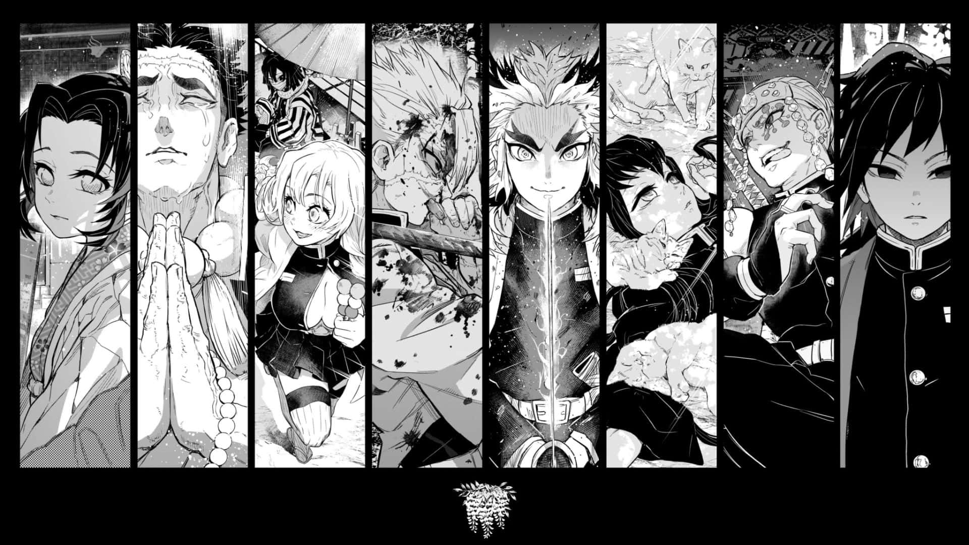 Kimetsu No Yaiba 桌布 壁紙 — 黑白漫畫風格桌布，八個垂直面板展示多個動漫角色擺出戲劇性姿勢。