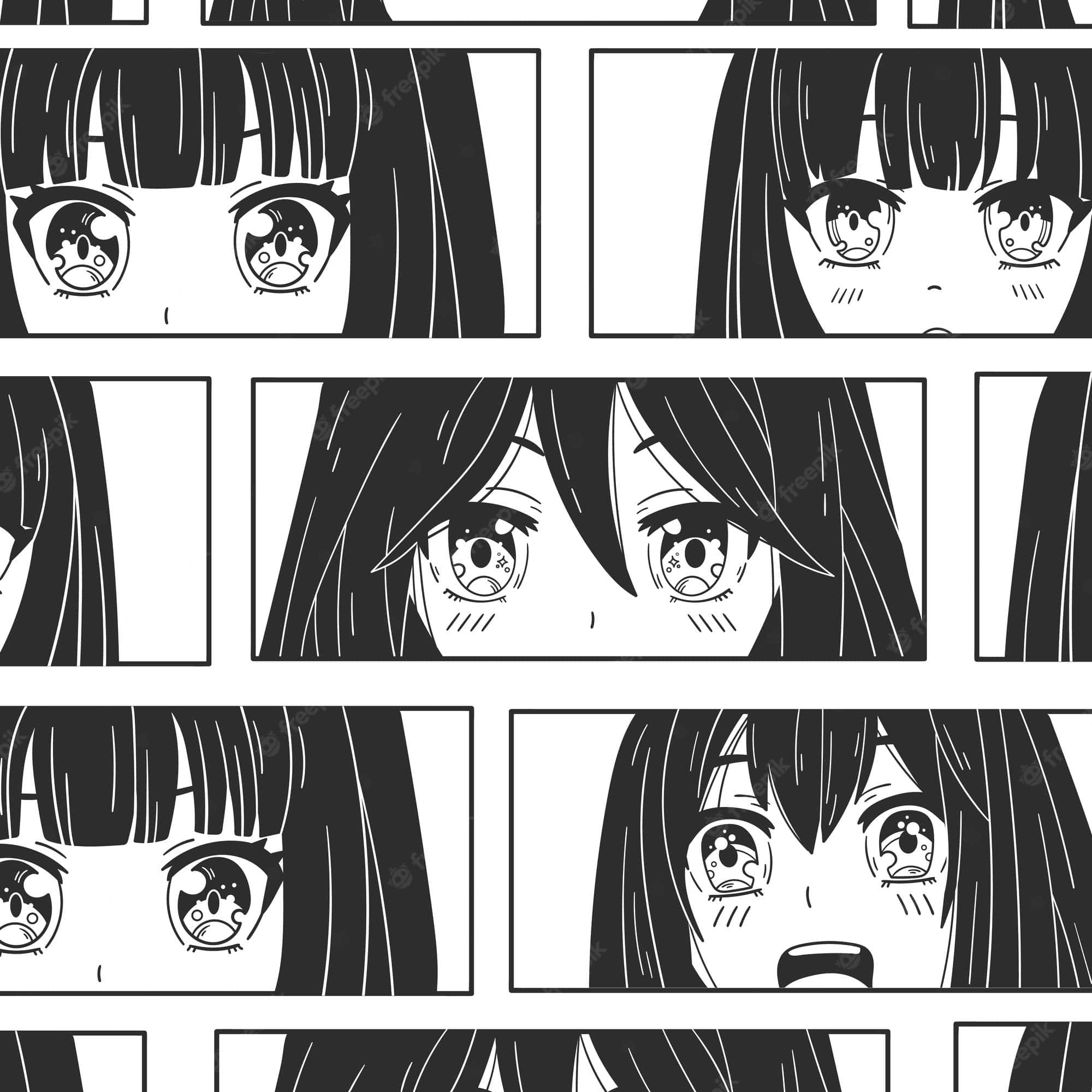 anime black and white 桌布 壁紙 — 黑白漫畫風格漫畫面板，展示女孩富有表現力的眼睛，傳達驚訝和情感。