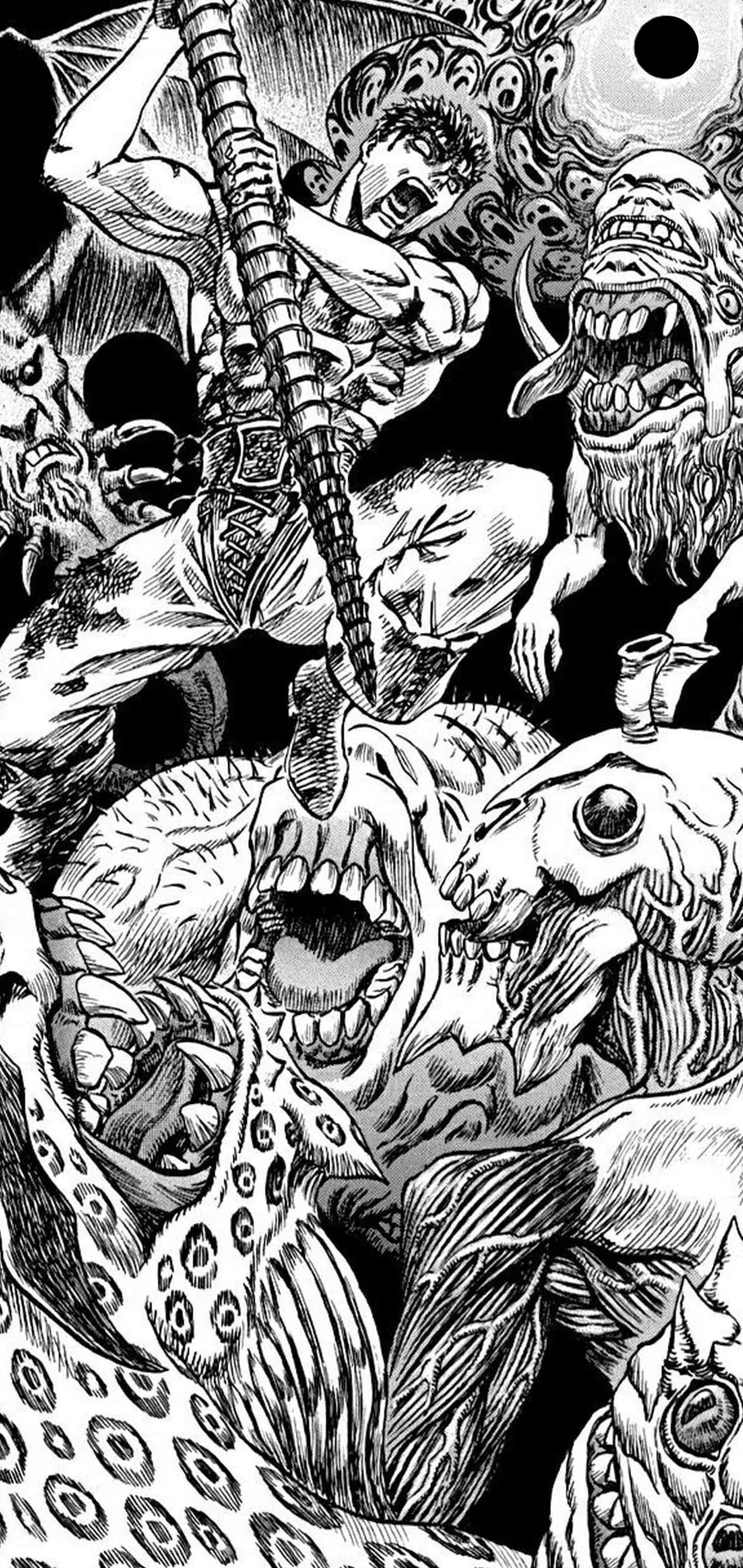 Berserk Manga 桌布 壁紙 — 黑白漫畫風格的戰鬥場景，一名肌肉發達的戰士揮舞帶刺武器對抗怪誕的怪物敵人。