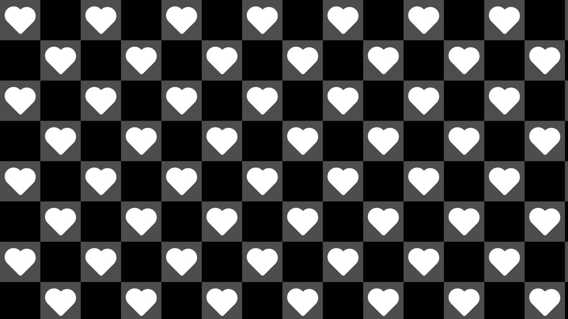 黑白 桌布 壁紙 — 黑白灰棋盤格背景上重複排列的白色心形圖案。