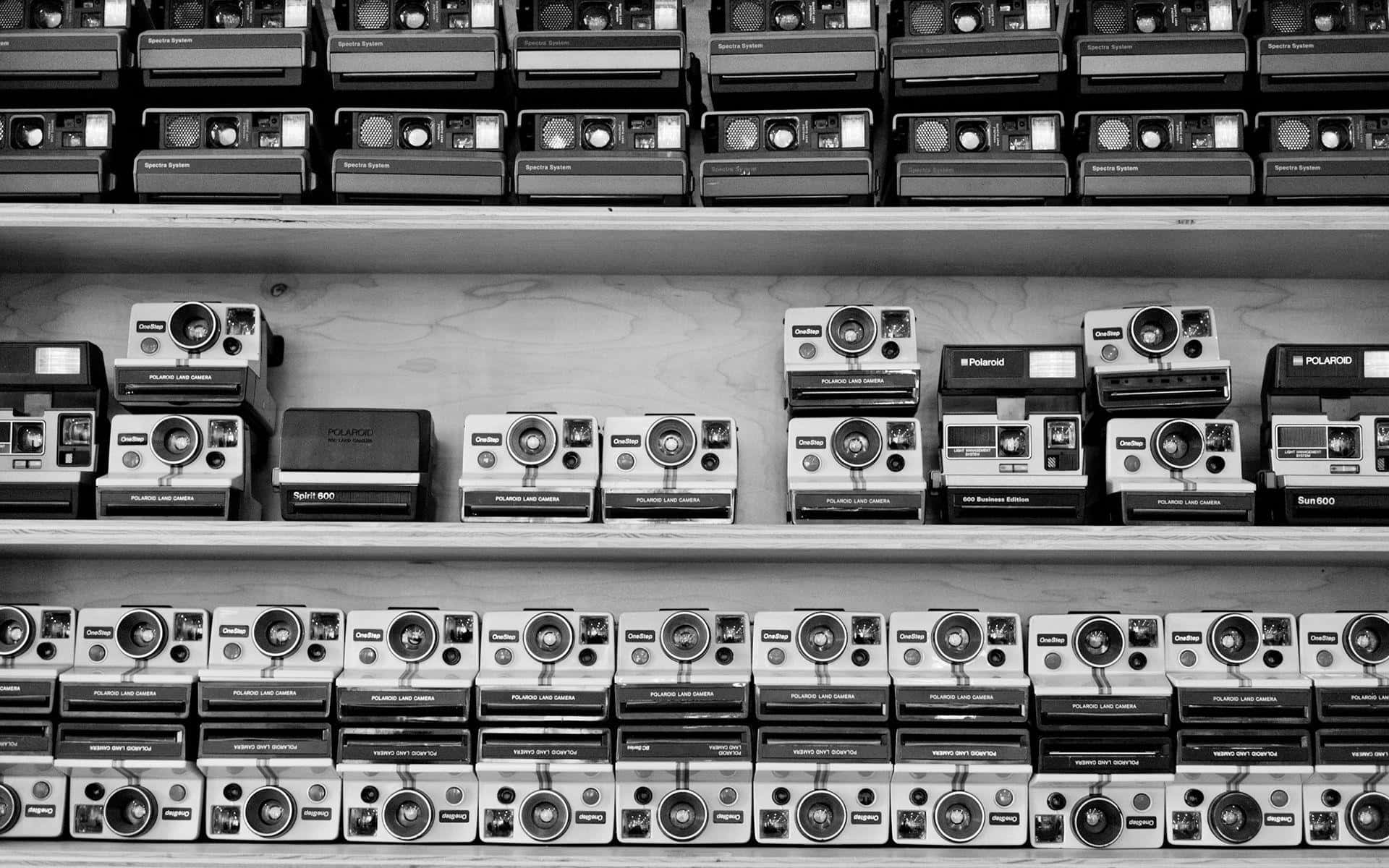 黑白照片中滿是拍立得相機的架子 壁紙