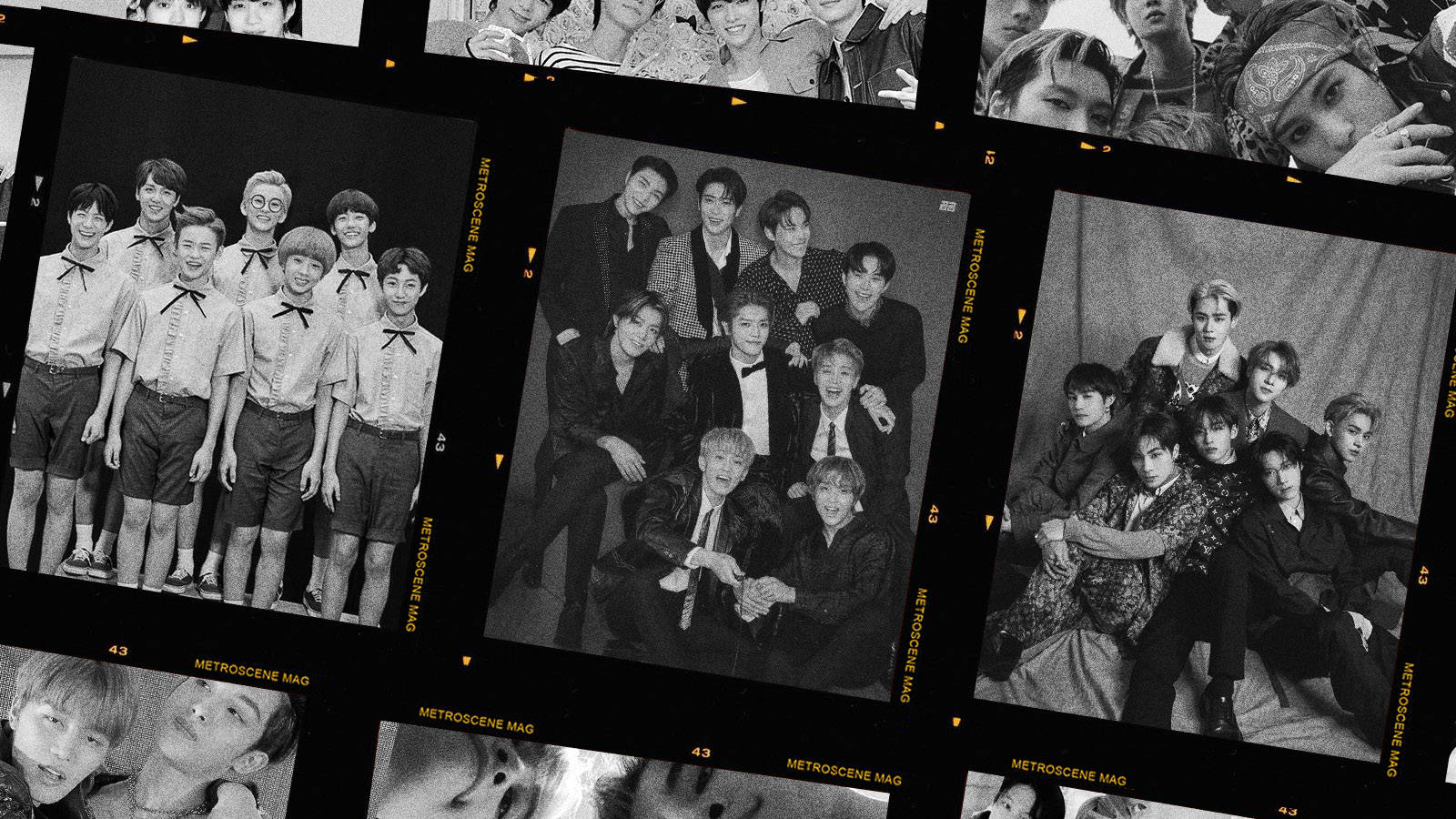 Nct 桌布 壁紙 — 黑白照片拼貼，K-pop 團體成員以各種姿勢和服裝呈現在復古底片條框內。