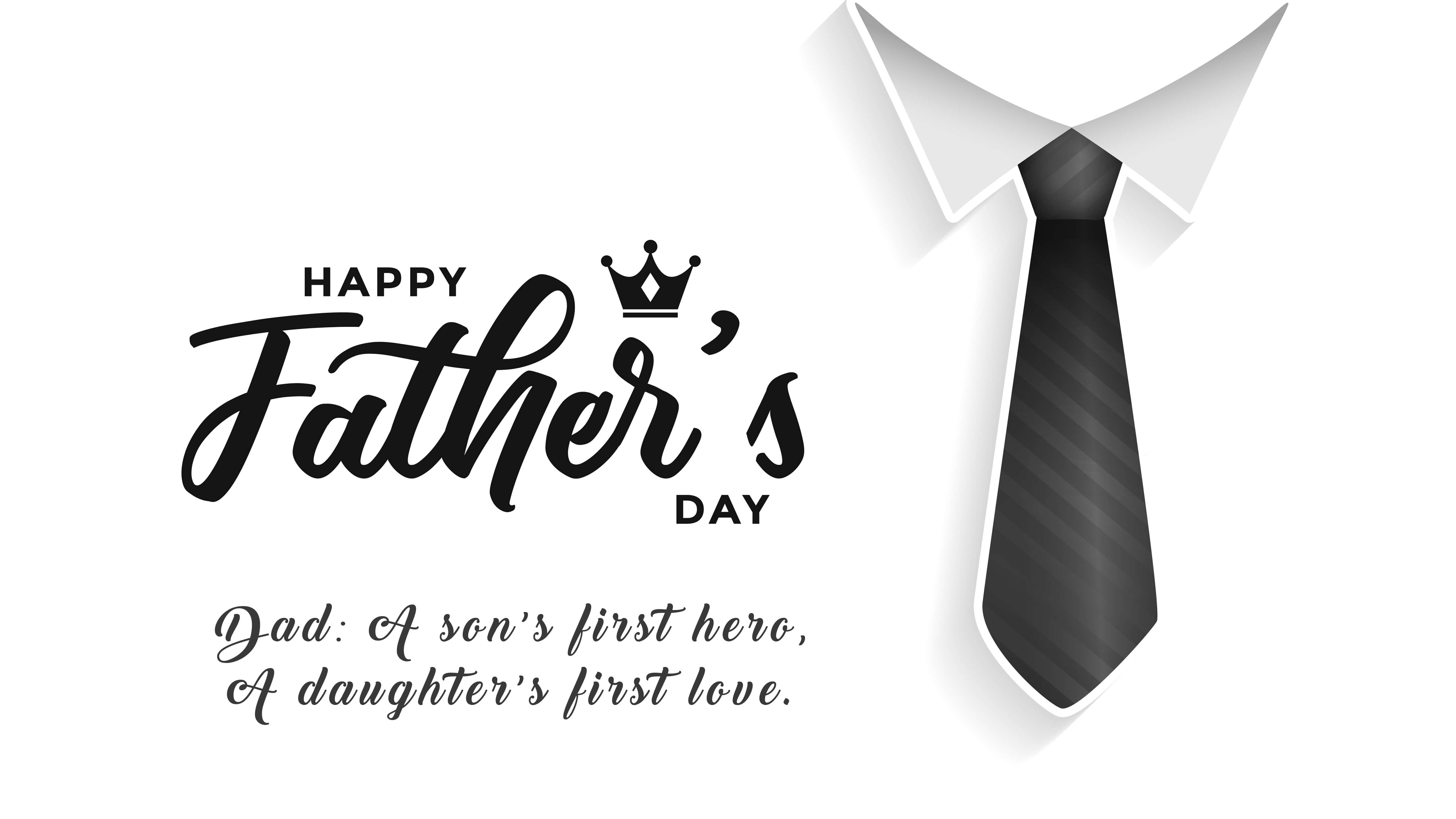 father's day 桌布 壁紙 — 黑白父親節問候，帶有優雅的手寫文字和白色襯衫領上的條紋領帶。