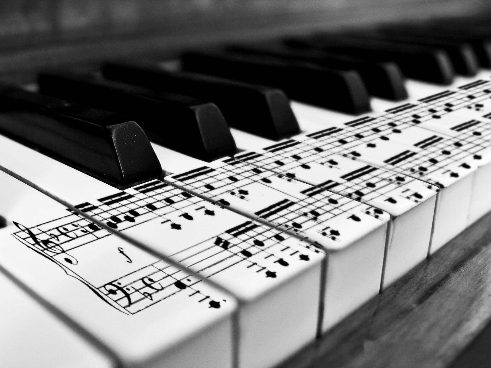 Piano 桌布 壁紙 — 黑白特寫鋼琴琴鍵，白色琴鍵上印有樂譜。