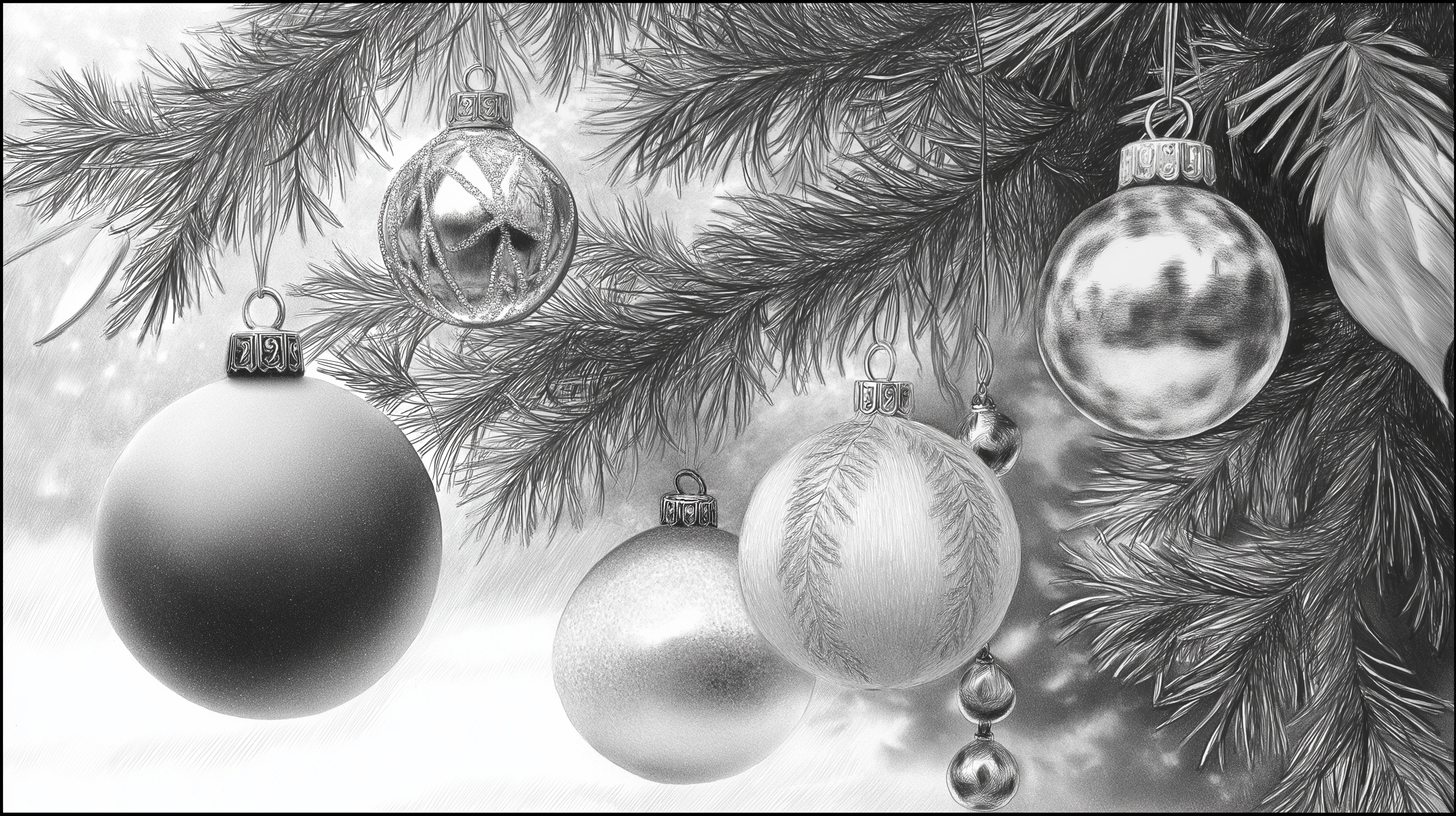 Ornaments 桌布 壁紙 — 黑白特寫鏡頭，華麗的聖誕裝飾品掛在松樹枝上，背景是雪地。