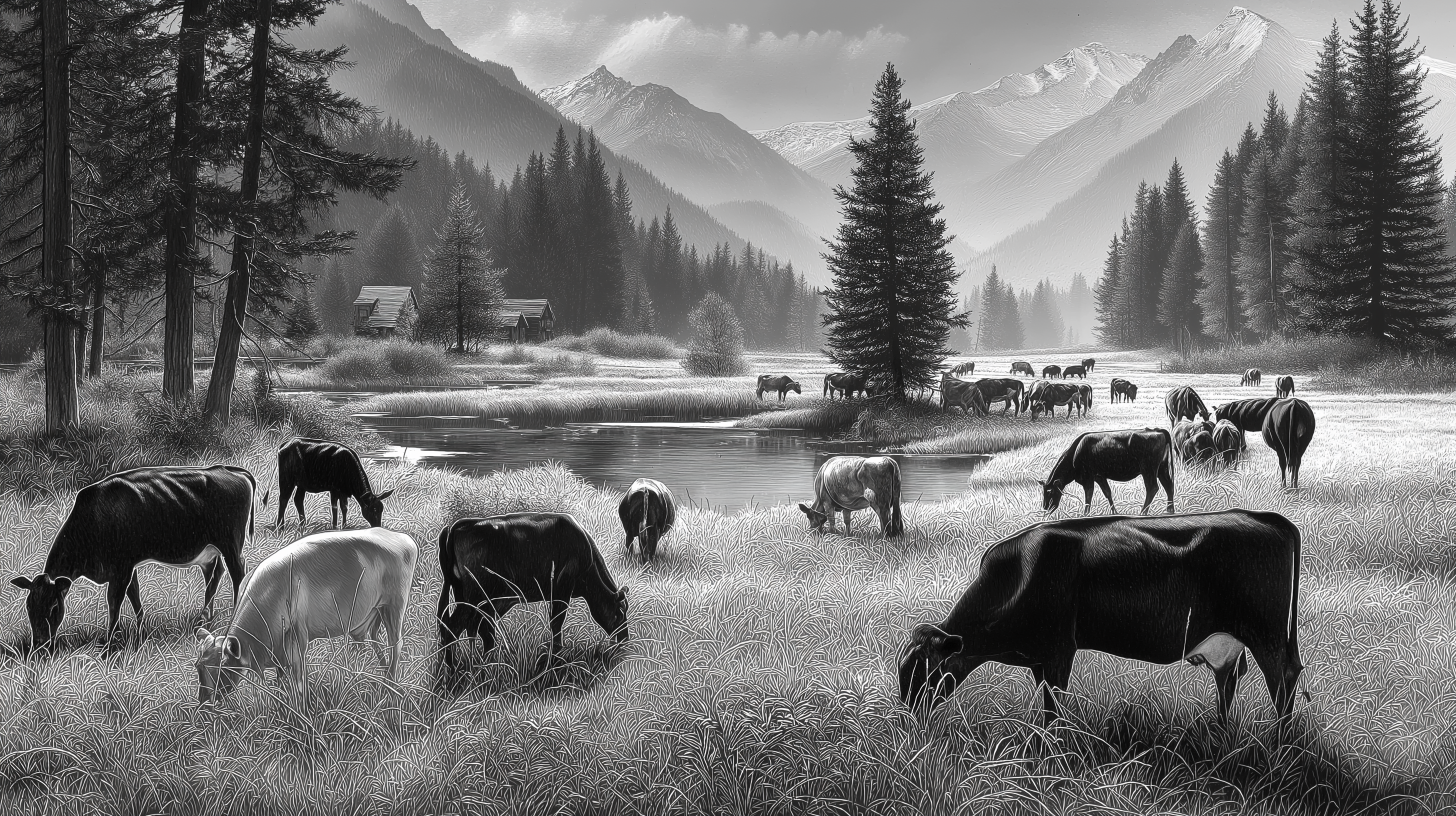 Cattle 桌布 壁紙 — 黑白田園風光，牛群在松樹環繞的河邊吃草，遠方有積雪的山峰。