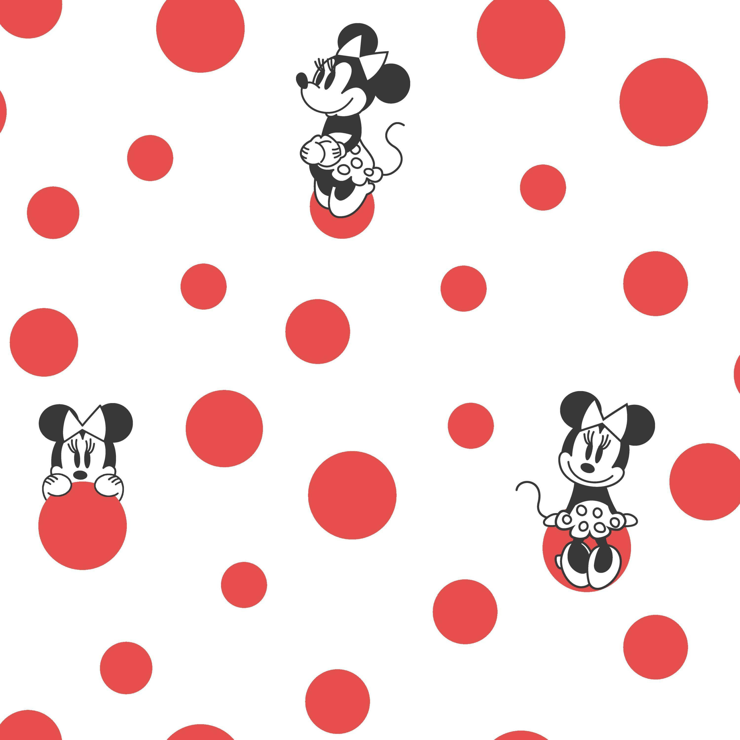 Disney Pattern 桌布 壁紙 — 黑白米妮老鼠坐在白色背景上的紅色圓點上，形成有趣的重复圖案。