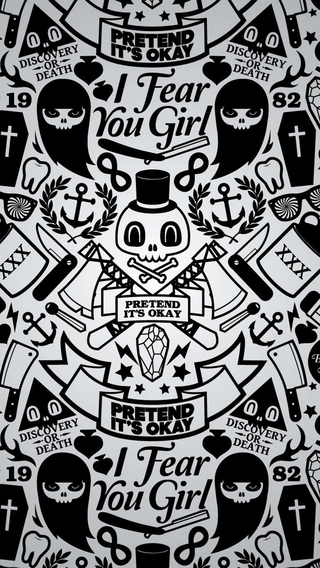 Black And White Graffiti 桌布 壁紙 — 黑白紋身風格壁紙，以密集重複圖案呈現骷髏頭、錨、刀和「pretend it's okay」等文字短語。