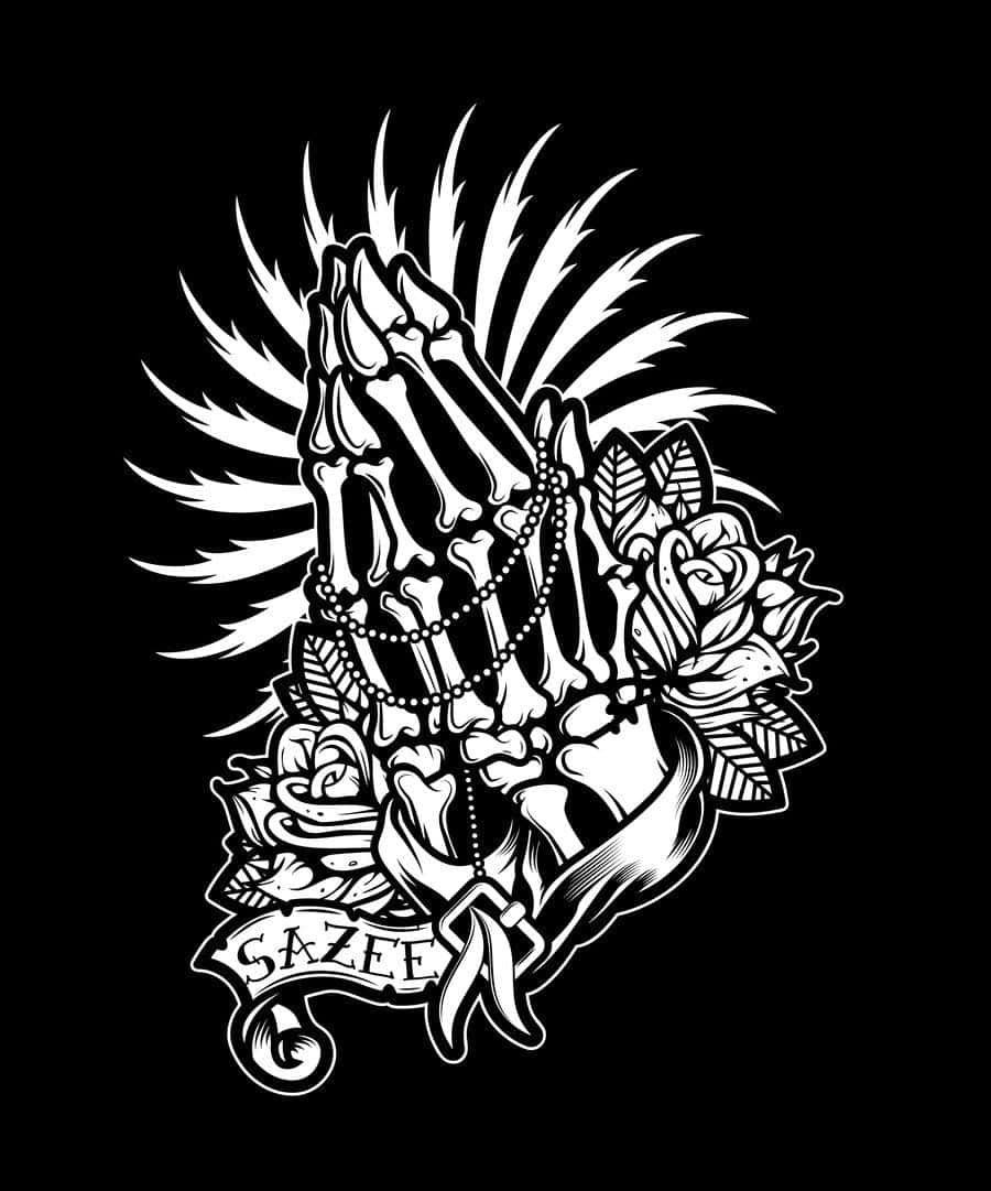 Praying Hands 桌布 壁紙 — 黑白紋身風格插圖，描繪骷髏手合十祈禱，周圍有玫瑰和寫著SAZEE的橫幅。