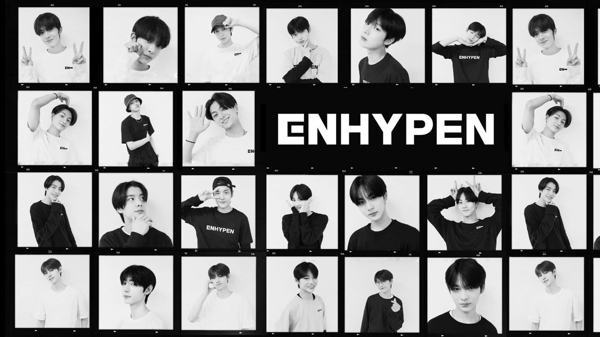 Enhypen Laptop 桌布 壁紙 — 黑白網格，年輕男性圍繞中央的「ENHYPEN」文字，以多種表情和手勢擺姿勢。