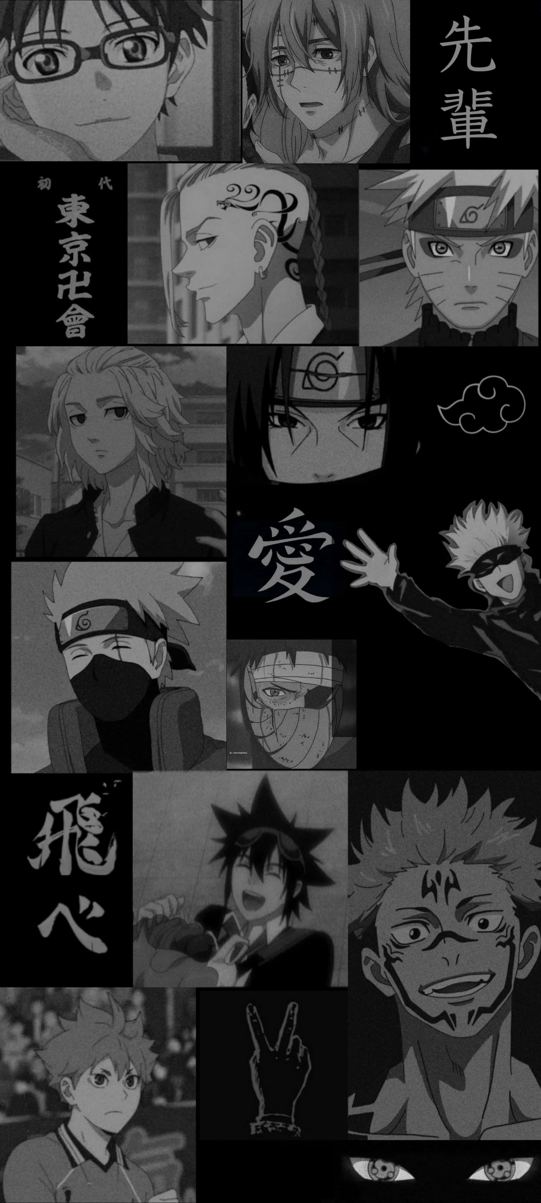 Dark Aesthetic Cartoon 桌布 壁紙 — 黑白網格佈局中的動漫角色拼貼，帶有漢字文字和富有表情的臉孔。