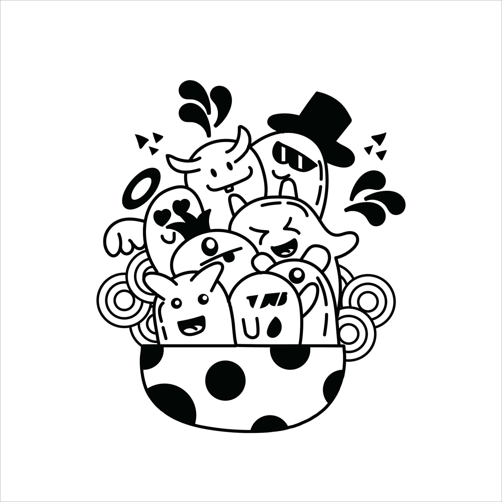黑色藝術 桌布 壁紙 — 黑白線條插圖，描繪許多可愛卡通鬼魂從圓點碗中冒出，表情俏皮。