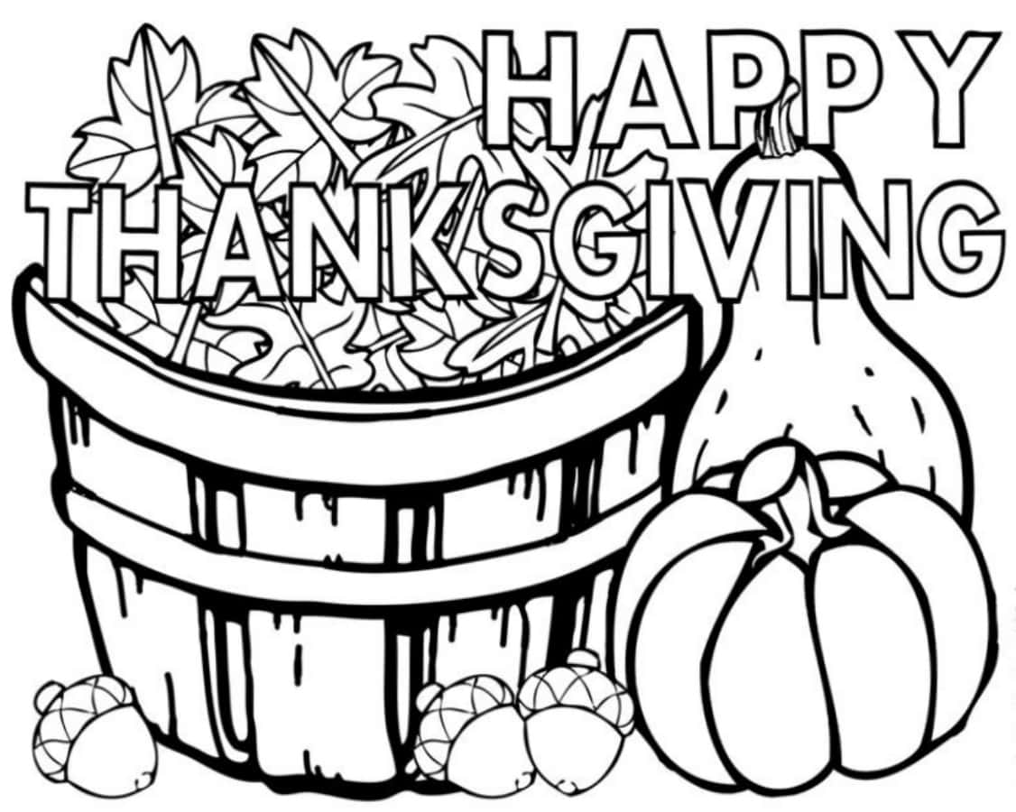 Thanksgiving Coloring 桌布 壁紙 — 黑白線條畫，描繪一個感恩節籃子，裡面裝滿樹葉，旁邊有南瓜和葫蘆。