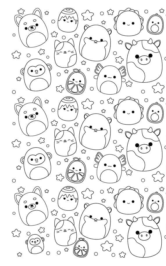 Cute Coloring 桌布 壁紙 — 黑白線條繪畫，可愛軟綿綿的卡通動物和物件，散落著星星和圓點。