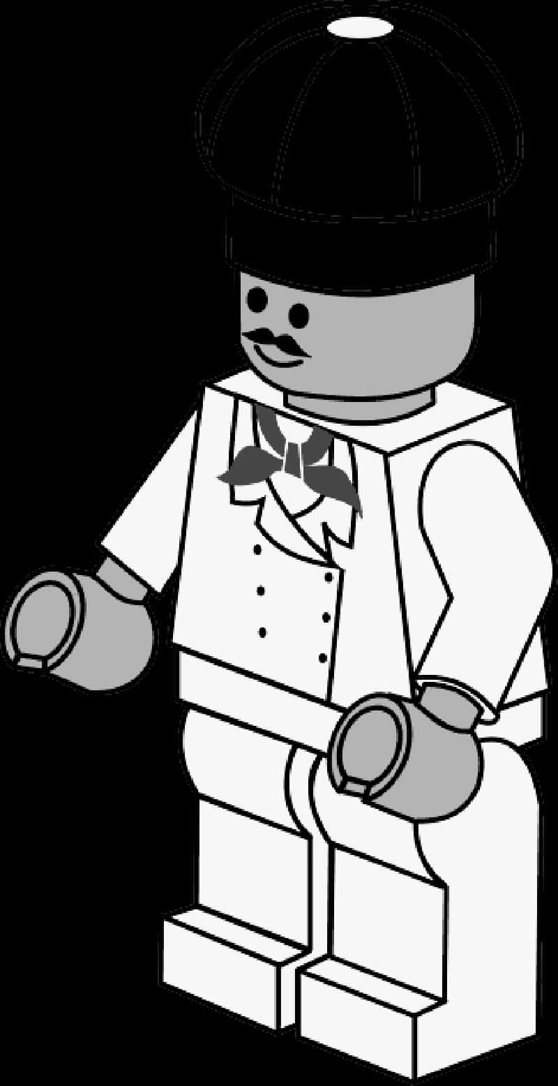 Chef 桌布 壁紙 — 黑白線條藝術LEGO迷你人偶，打扮成留鬍子的服務生，手持兩個杯子。