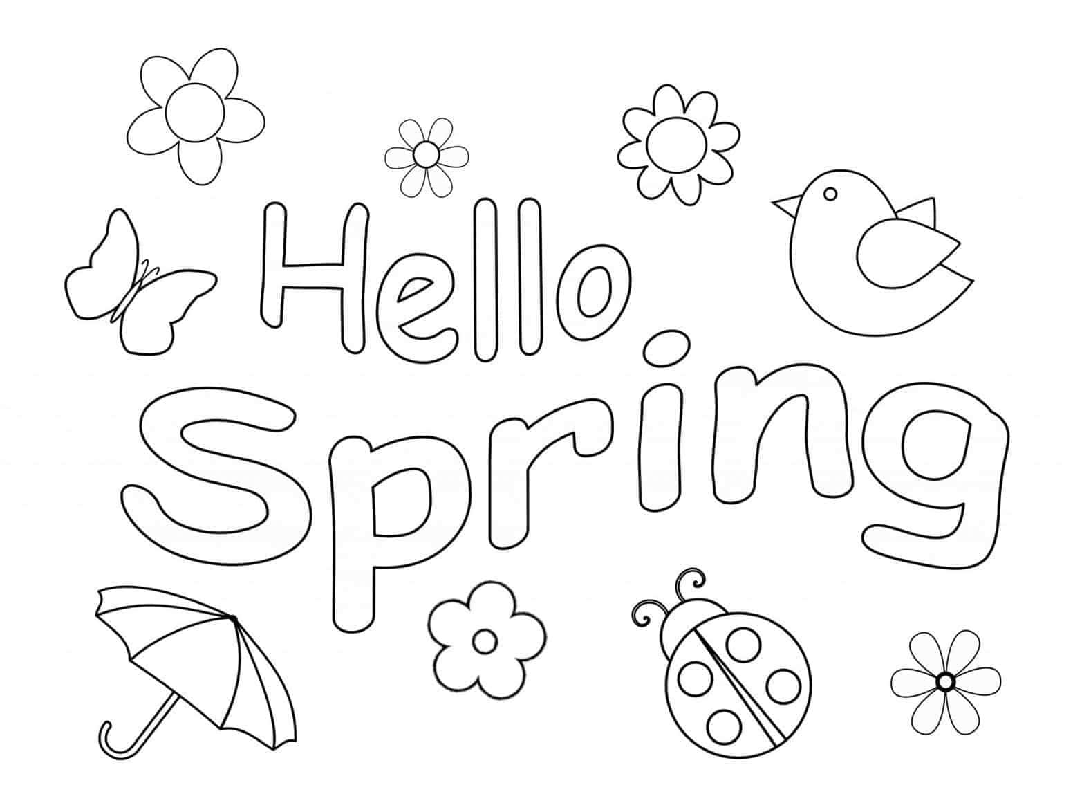 Spring Coloring 桌布 壁紙 — 黑白線條藝術問候語「你好春天」，周圍環繞著花朵、蝴蝶、鳥、瓢蟲和雨傘。