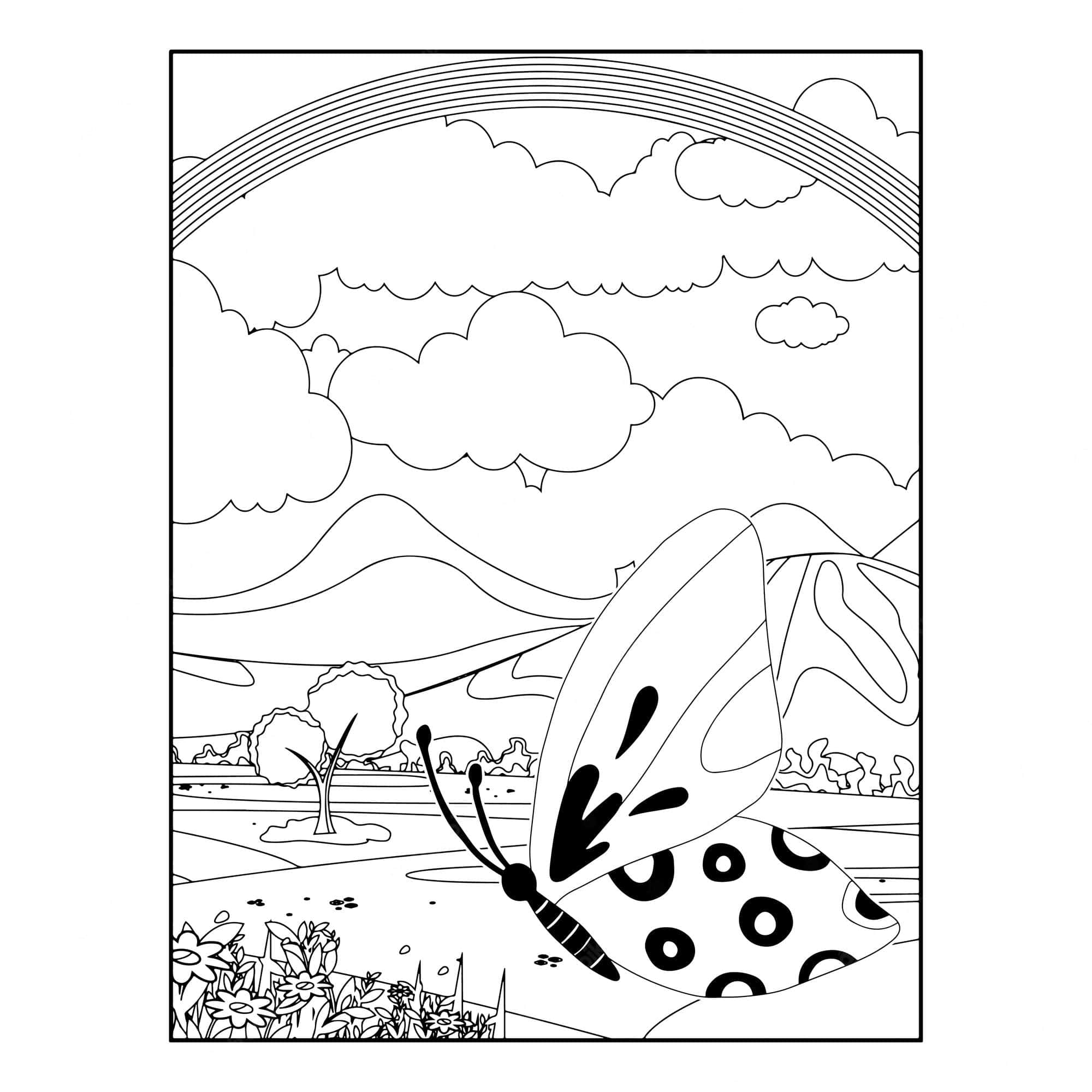 Butterfly Coloring Pages 桌布 壁紙 — 黑白線條藝術填色頁，描繪一隻帶斑點翅膀的蝴蝶飛越有山、雲和彩虹的風景。