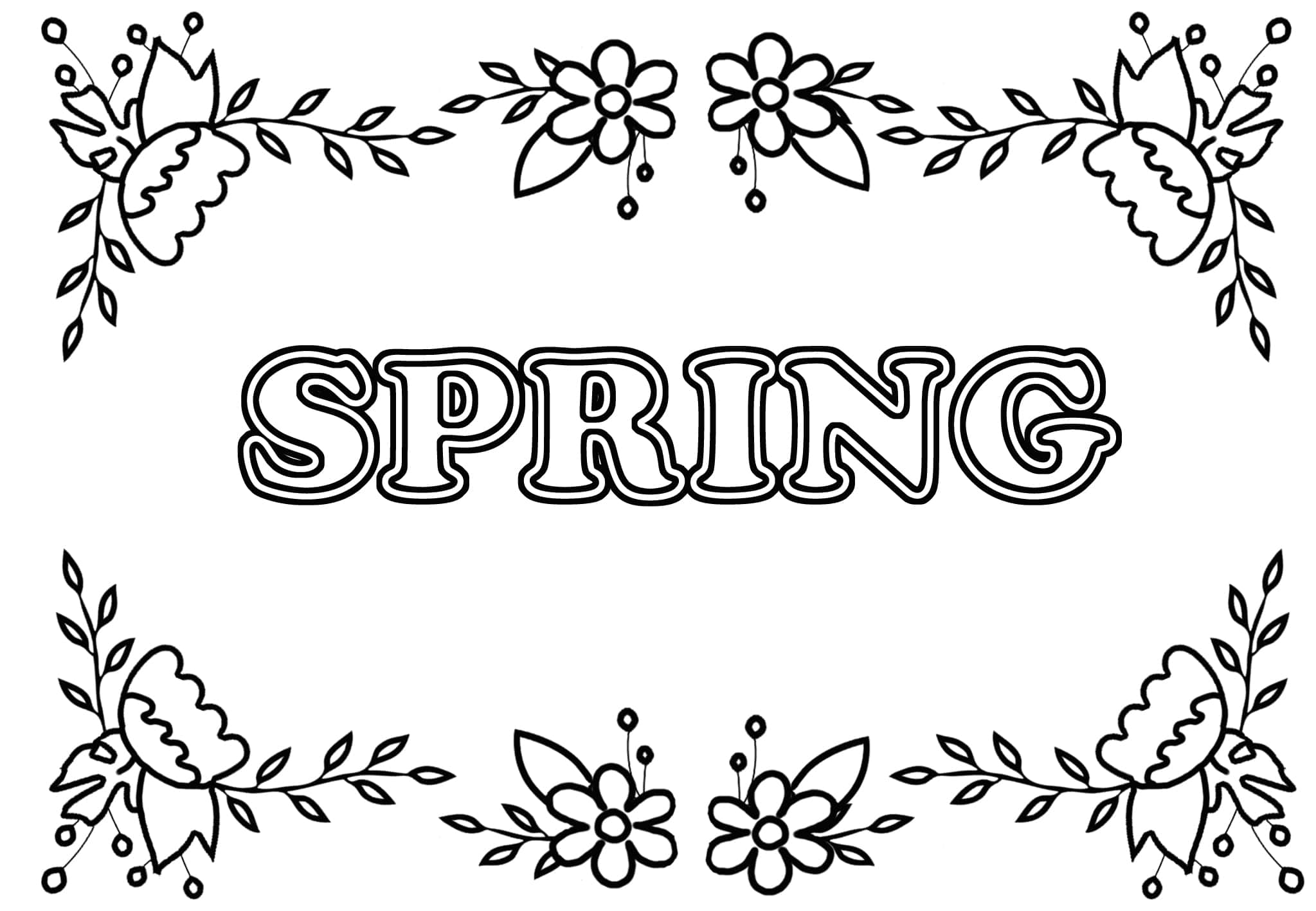 Spring Coloring 桌布 壁紙 — 黑白線條藝術插圖，以花卉和葉子角落裝飾圍繞「春天」一詞。
