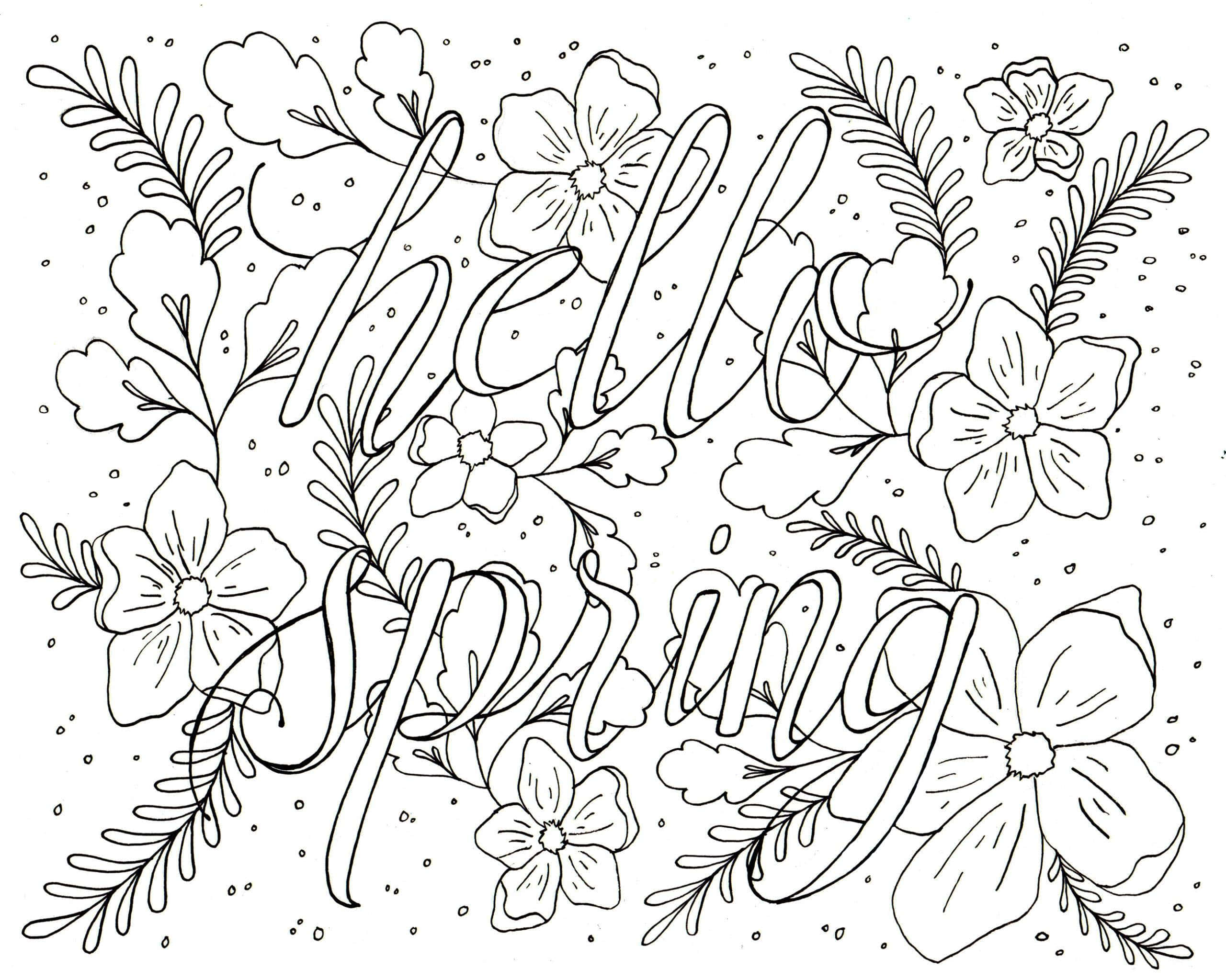 Spring Coloring 桌布 壁紙 — 黑白線條藝術插圖，描繪「hello spring」文字被盛開的花朵和樹葉環繞。